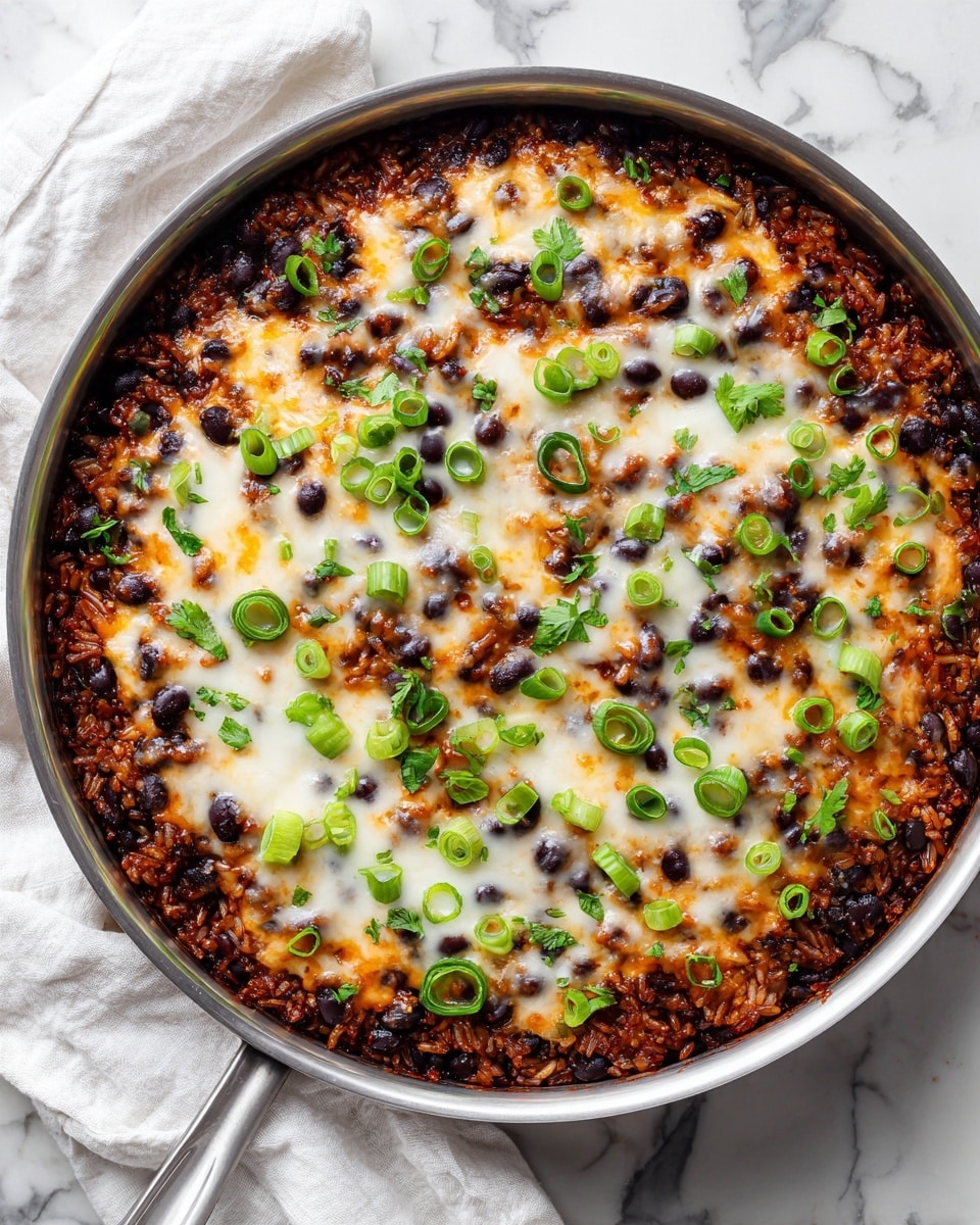A round silver pan filled with a baked dish. The bottom layer is a mixture of cooked rice and black beans, textured and slightly chunky with dark black beans spread evenly. On top of this is an even layer of melted white cheese that covers almost all the rice and beans. The cheese is bubbling and golden in some spots. Scattered on top of the cheese are thin rounds of green spring onions and small pieces of fresh green herbs, adding a fresh touch of color. The pan is placed on a white marbled surface with a white cloth partially visible in the background. photo taken with an iphone --ar 4:5 --v 7