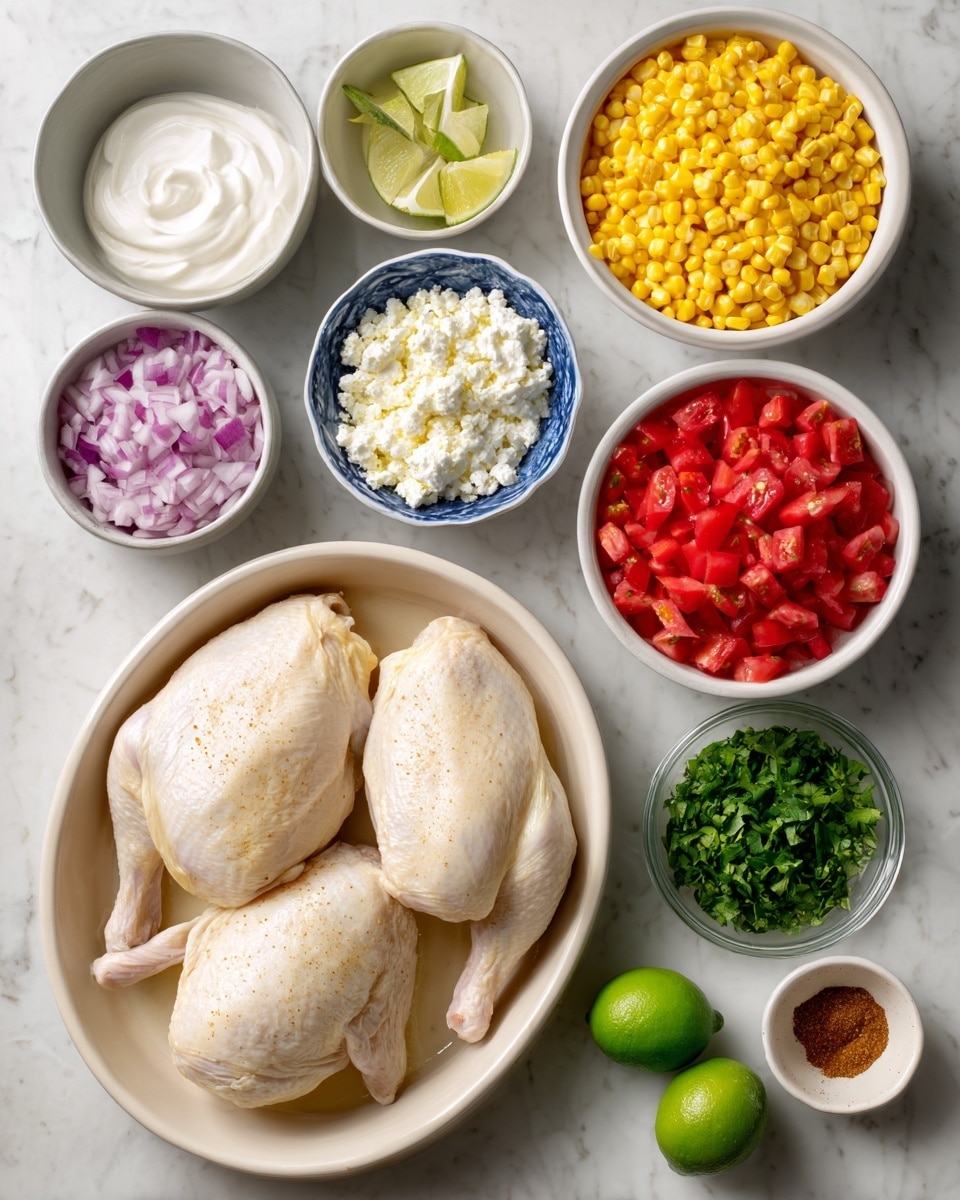 The image shows a clean white marbled surface with several white bowls and dishes arranged neatly. There are two large off-white cooked chicken pieces with light seasoning in a white oval baking dish at the bottom. Above it, there is a white bowl filled with bright red diced tomatoes and next to it a white bowl filled with bright yellow corn kernels. To the left, a white bowl contains chopped pale purple onions, and above it a gray bowl holds thick white sour cream or yogurt. Near the center top, a small white bowl contains chopped green jalapeño peppers, and beside it, there is a blue and white bowl filled with crumbly white cheese. Above that is a clear bowl of fresh green chopped cilantro or parsley. In the middle, two halves of a green lime rest directly on the surface. Finally, a very small white bowl with two kinds of powdered spices (brown and red) and a clear bowl of white creamy sauce complete the scene. Photo taken with an iphone --ar 4:5 --v 7