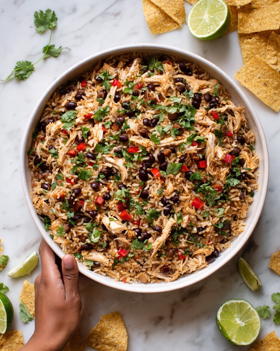 The image shows a large white bowl filled with a colorful, mixed rice dish. The bottom layer is light brown rice mixed with black beans evenly spread throughout. On top, there are shredded chicken pieces arranged in lines across the rice. Chopped red bell peppers and small green cilantro leaves are scattered evenly over the dish, adding bright pops of color. The bowl sits on a white marbled surface with tortilla chips and lime wedges nearby. A woman's hand is reaching slightly toward the bowl. Photo taken with an iphone --ar 4:5 --v 7