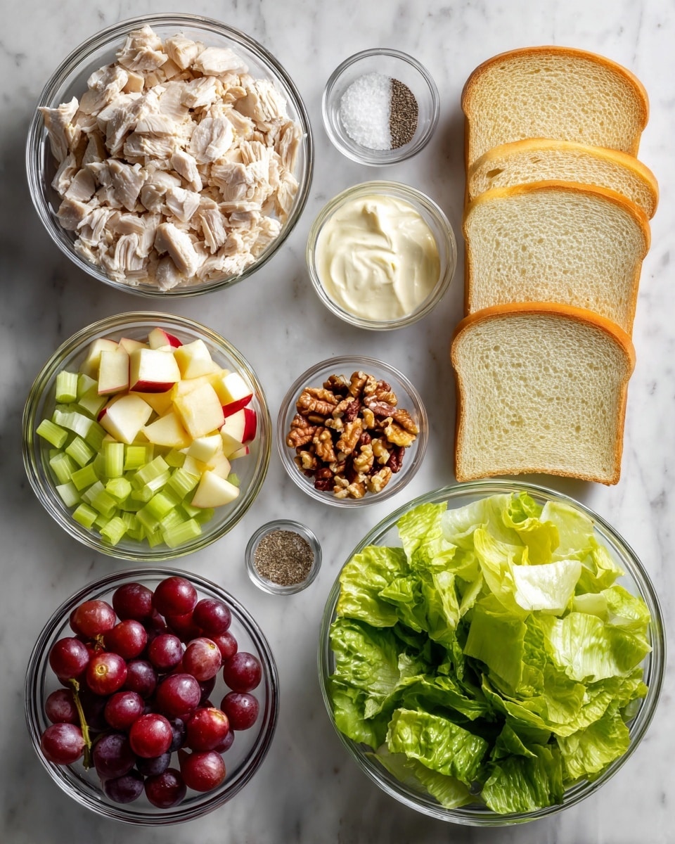 The image shows ingredients for a salad laid out neatly on a white marbled surface. There are four slices of golden bread stacked on the right side. Next to them are small clear bowls holding chopped celery, chopped nuts, diced red-skinned apple, halved red grapes, mayonnaise, and a small bowl of salt and pepper. On the left, there is a larger clear bowl filled with chopped cooked chicken. Fresh leafy green lettuce is placed below the chicken. Everything is arranged in orderly rows, all in clear bowls showing the colors and textures clearly. Photo taken with an iphone --ar 4:5 --v 7