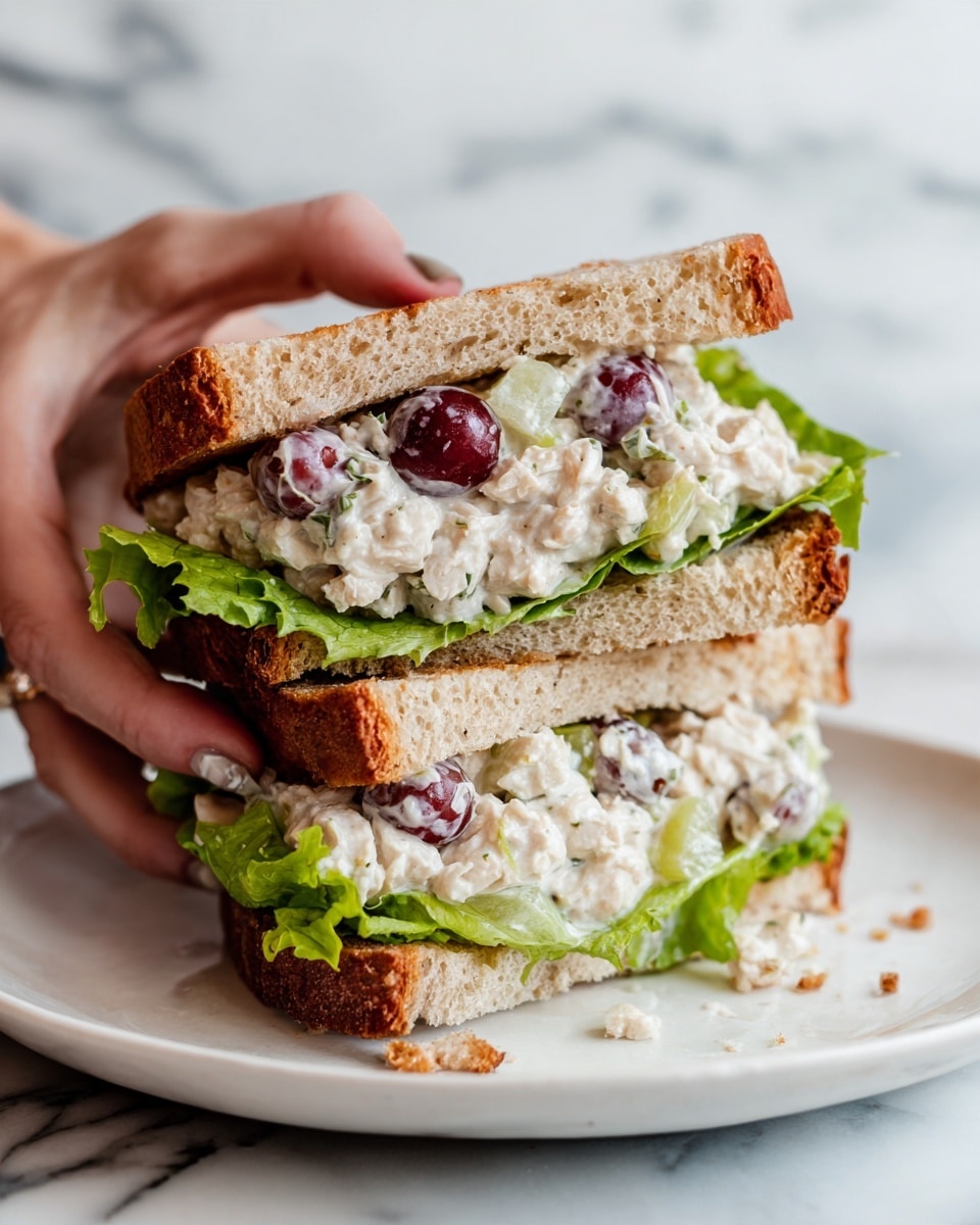 A close-up of a sandwich held by a woman's hand from each side, showing two layers of toasted brown bread with a soft, airy texture. Inside, there is a layer of green lettuce at the top, followed by a thick filling of white creamy chicken salad mixed with red grapes and small white chunks of cheese. The sandwich is placed above a white plate with a few crumbs scattered around on a white marbled surface. Photo taken with an iphone --ar 4:5 --v 7