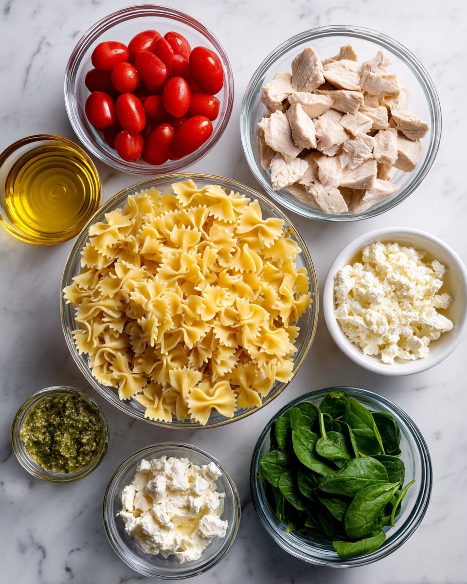 The image shows seven clear glass bowls and one white bowl arranged on a white marbled surface. The largest glass bowl at the center holds dry yellow farfalle pasta with its bow-tie shape and ruffled edges. To the right of the pasta, the white bowl contains bite-sized pieces of cooked chicken meat, pale and slightly browned. Next to the chicken, a small glass bowl is filled with fresh green spinach leaves. Above the chicken is another small glass bowl with white crumbly cheese. To the left of the pasta, a glass bowl holds bright red grape tomatoes, halved to show their juicy inside. Above the tomatoes, a glass bowl contains green pesto sauce with a textured look. Near the bottom left corner, a small glass bowl has creamy white dressing, and next to it is a small glass oil bottle with golden olive oil. The bowls are spaced evenly and the background has a clean, light feel. Photo taken with an iphone --ar 4:5 --v 7