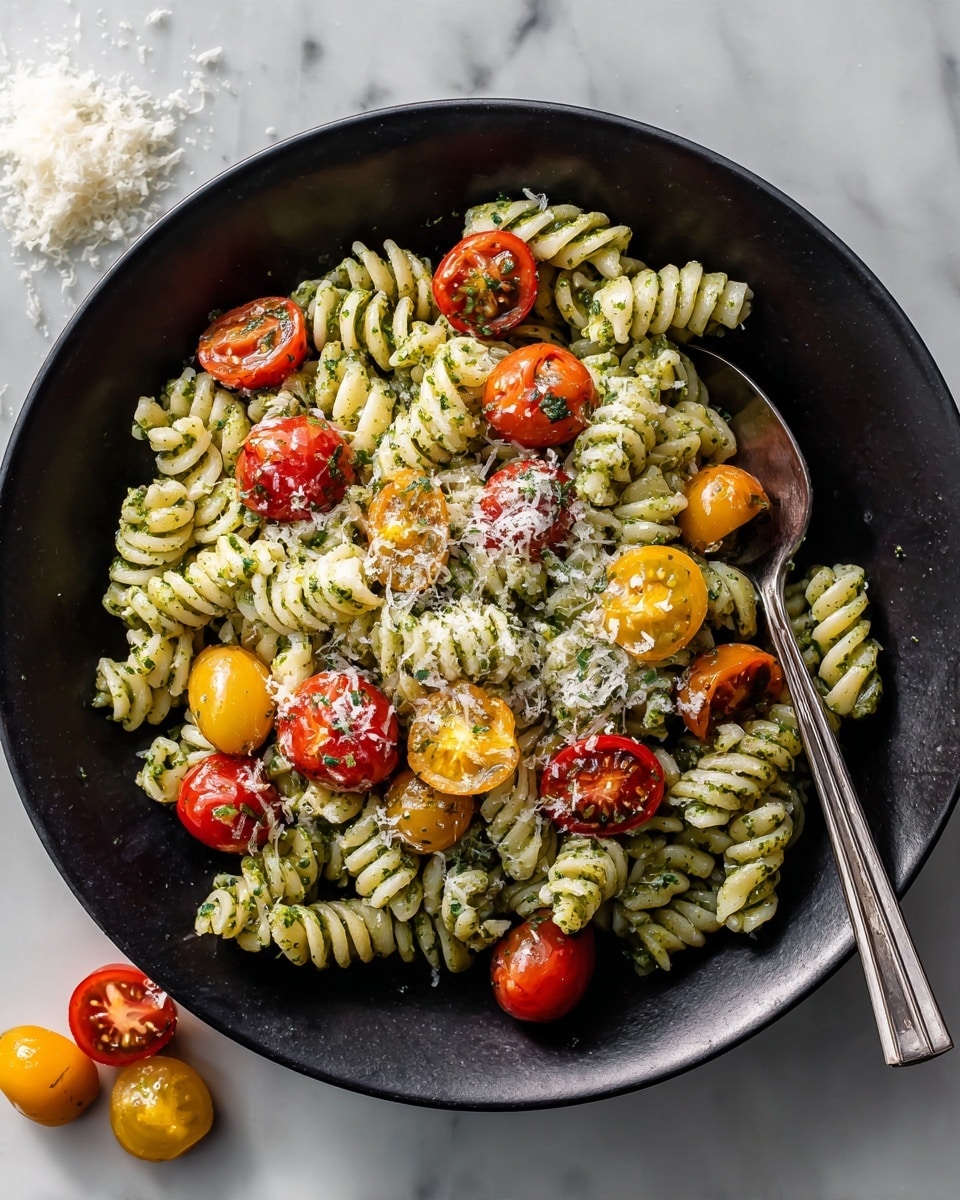 A black round bowl filled with three layers of short spiral pasta coated in green herb sauce, mixed with red and yellow halved cherry tomatoes scattered evenly. A silver spoon rests on the right side inside the bowl touching the pasta. A few small piles of grated cheese and whole cherry tomato halves are placed on the white marbled surface near the bowl. The photo taken with an iphone --ar 4:5 --v 7