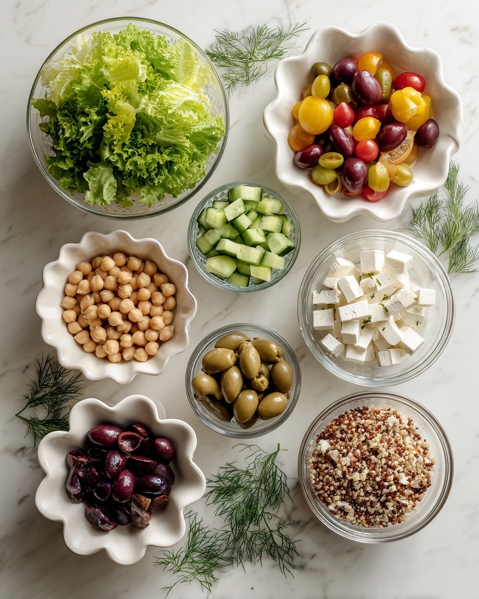 The image shows eight bowls of salad ingredients arranged on a white marbled surface. At the top left, a glass bowl holds green leafy lettuce with a fresh, crisp texture. To the right, a white scalloped bowl contains mixed cherry tomatoes in red, yellow, and dark red, halved to show their seeds. Below the tomatoes, a bowl holds small white cubes of tofu with a soft texture. To the left of the tofu, another white scalloped bowl is filled with chickpeas, smooth and round, pale yellow in color. Above the chickpeas, a bowl contains chopped cucumber pieces with dark green skin and pale green inside. At the bottom left, a white flower-shaped bowl holds dark purple and brown olives, shiny and smooth. To the right of the olives, a clear glass bowl contains grains of farro, light brown and uneven in shape. Next to the farro, another clear glass bowl is filled with mixed white, black, and red quinoa. Small green sprigs of dill are also placed around the bowls. The photo is taken with an iphone --ar 4:5 --v 7