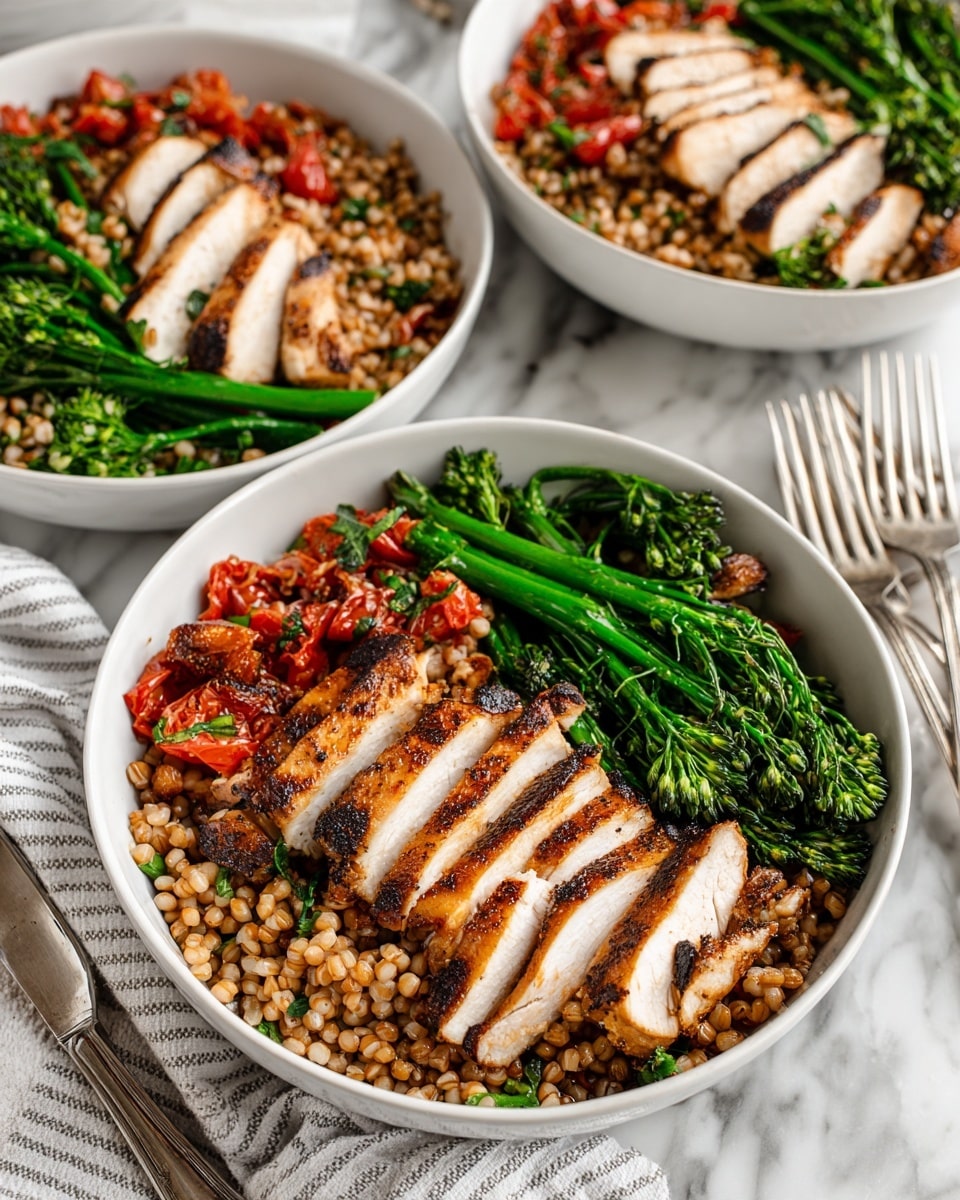 Three white bowls filled with a dish made of three main layers. The bottom layer is light brown cooked grains that look soft and slightly shiny. Scattered on top are bright green broccolini pieces with a slightly crisp texture. The top layer has several strips of grilled chicken, light golden brown with darker grill marks, arranged neatly on the grains and greens. There are also chunks of red cooked tomatoes mixed in. The bowls are placed on a white marbled surface, with two silver forks resting on a light striped cloth nearby. photo taken with an iphone --ar 4:5 --v 7