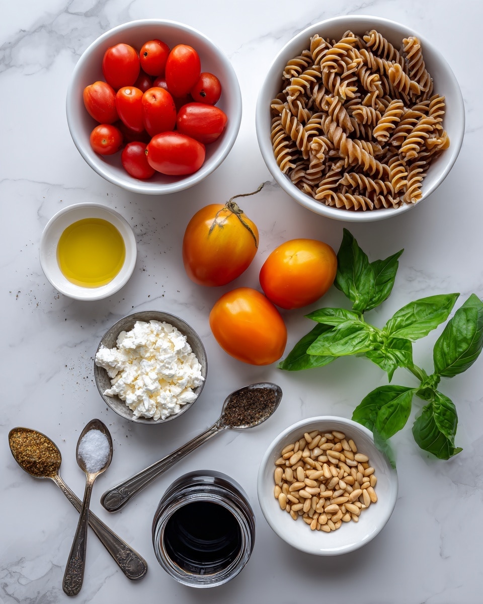 The image shows several ingredients placed on a white marbled surface. There is a white bowl full of bright red cherry tomatoes on the top left and another white bowl on the top right filled with brown twisted pasta. Three whole ripe tomatoes with a mix of orange and red colors sit in the middle. Below them is a small metal bowl with white crumbled cheese. To the left, there is a small white bowl with golden olive oil, a white bowl with salt and pepper, and two silver spoons holding minced garlic and grainy mustard. At the bottom center, there is a small glass jar filled with dark balsamic vinegar, next to a small white bowl of light brown pine nuts and fresh green basil leaves on the right. photo taken with an iphone --ar 4:5 --v 7