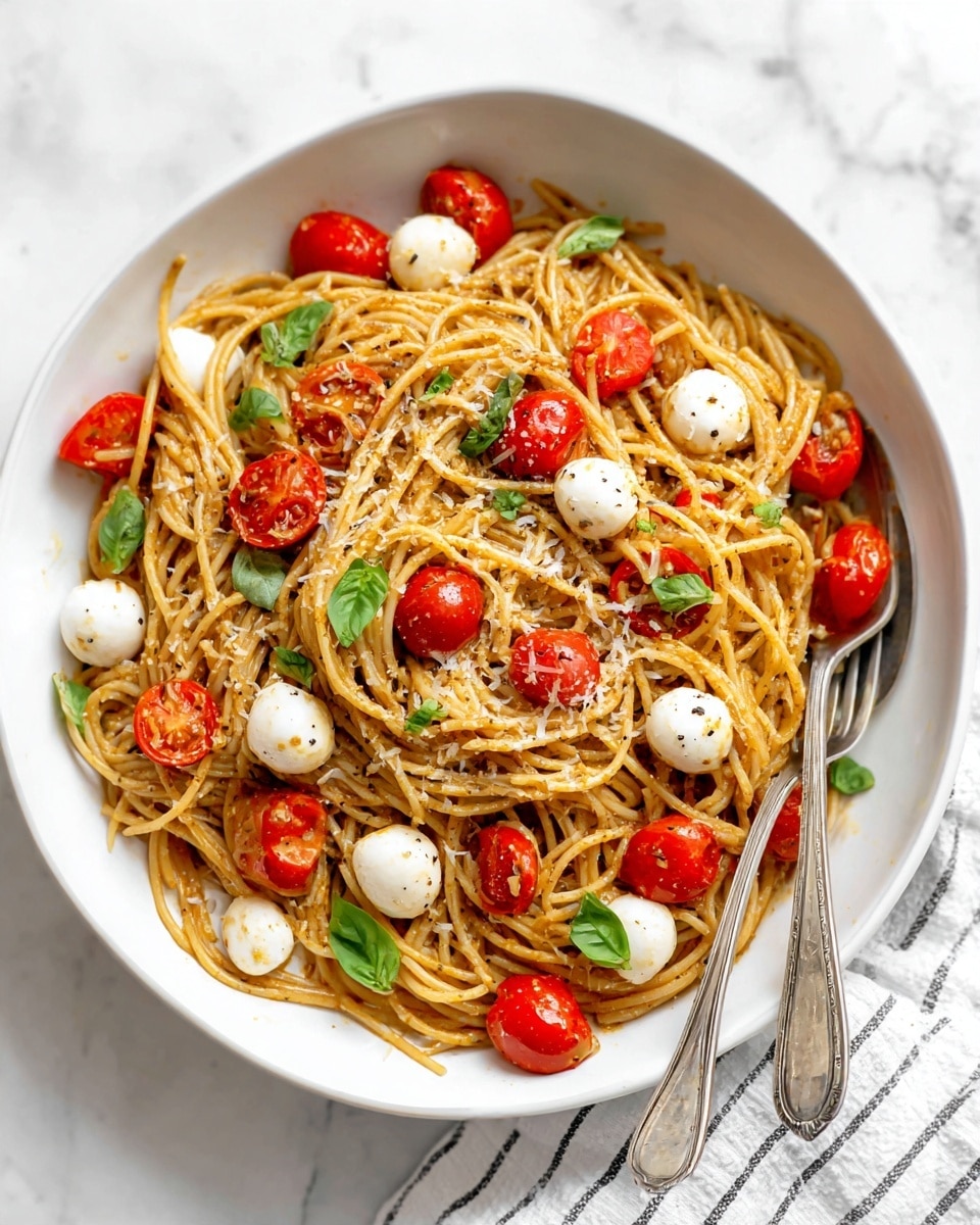 A white plate filled with a pile of golden-brown spaghetti noodles tossed in a light sauce with visible specks of black pepper and herbs, mixed with bright red halved cherry tomatoes scattered evenly on top and throughout the pasta, along with small smooth white mozzarella balls. Some fresh green basil leaves are mixed in adding a pop of color. A light sprinkle of grated parmesan cheese dusts the tomatoes and noodles. Two silver forks rest at the bottom of the plate with a white marbled surface underneath, and a white striped cloth is partially visible at the lower right edge. Photo taken with an iphone --ar 4:5 --v 7