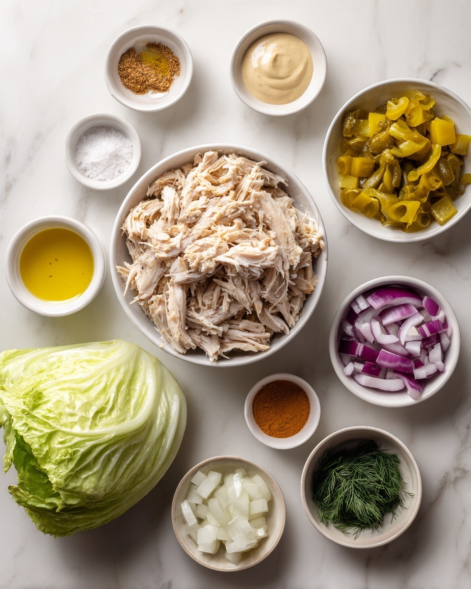 A white bowl filled with shredded pale beige chicken is in the center, surrounded by smaller white bowls containing various ingredients: chopped bright yellow pickled peppers at the top right, fresh dark green dill beside it, and diced purple and white onions below. To the left, small white dishes hold light brown seasoning, a dollop of smooth yellow mustard, white granulated salt in a small white bowl, a small bowl of golden olive oil, creamy pale mayonnaise, and orange spice powder. At the bottom left, a whole fresh iceberg lettuce with light green leaves adds a leafy texture. All are arranged neatly on a white marbled surface. Photo taken with an iphone --ar 4:5 --v 7