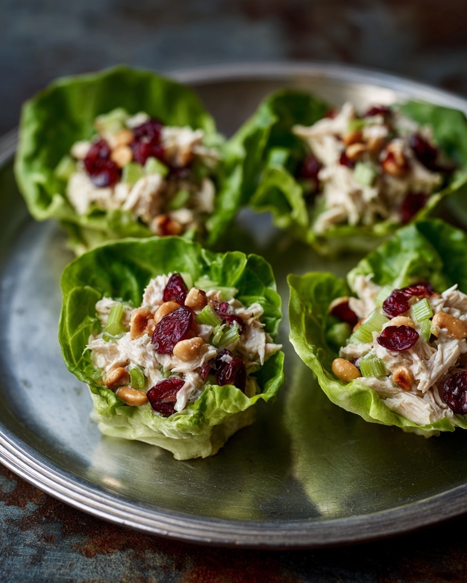 The image shows four small lettuce cups on a shiny metal tray. Each lettuce cup is bright green with a slightly crinkled texture, forming a small bowl shape. Inside each lettuce cup, there is a creamy mixture of chopped white chicken, pale green celery pieces, small beige nuts, and red dried cranberries. The colors contrast well, with the green lettuce bright and fresh, the creamy chicken salad light in color, and the red cranberries adding a pop of brightness. The tray is placed on a dark, rough surface, giving a rustic feel. photo taken with an iphone --ar 4:5 --v 7