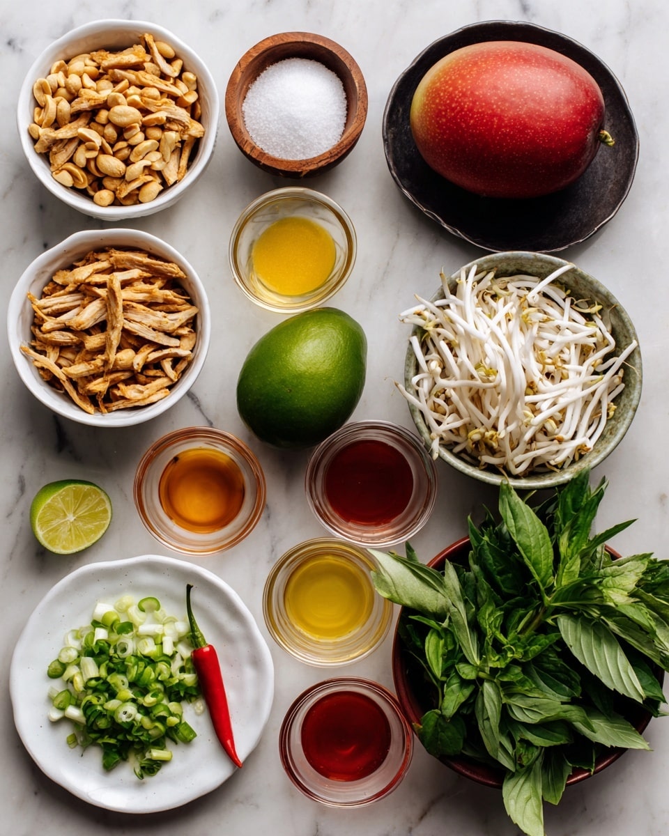 A photo shows twelve ingredients arranged neatly on a white marbled surface. There are two small white bowls with golden brown peanuts and grilled chicken strips. A small wooden bowl holds white salt granules. A white bowl filled with bean sprouts is nearby. A large red mango and a large green avocado sit side by side in the center. A black bowl contains thinly sliced green onions. Around the bowls, small glass bowls hold amber-colored fish sauce, light yellow lime juice, bright red chili sauce, and light brown sugar. A white round plate displays fresh green basil, cilantro, and a single red chili pepper. The color contrasts are fresh and natural. The photo taken with an iphone --ar 4:5 --v 7