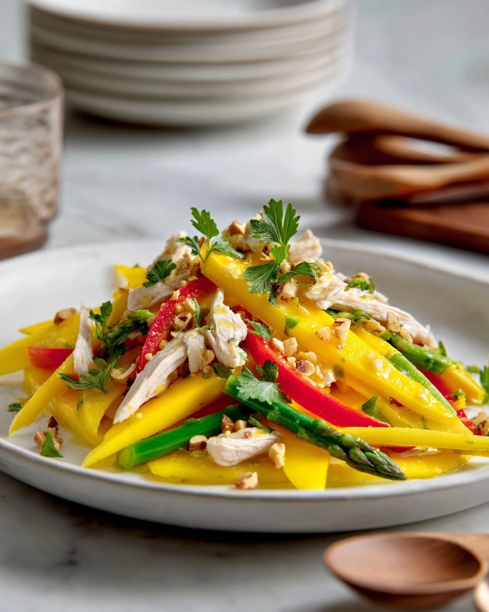 A white plate holds a colorful layered salad with long strips of bright yellow mango, red bell pepper, and green asparagus spread evenly across the base. Small pieces of pale cooked chicken are scattered on top, along with fresh parsley leaves and chopped nuts adding texture. The dish rests on a white marbled surface with some wooden utensils and stacked white plates blurred in the background. Photo taken with an iphone --ar 4:5 --v 7