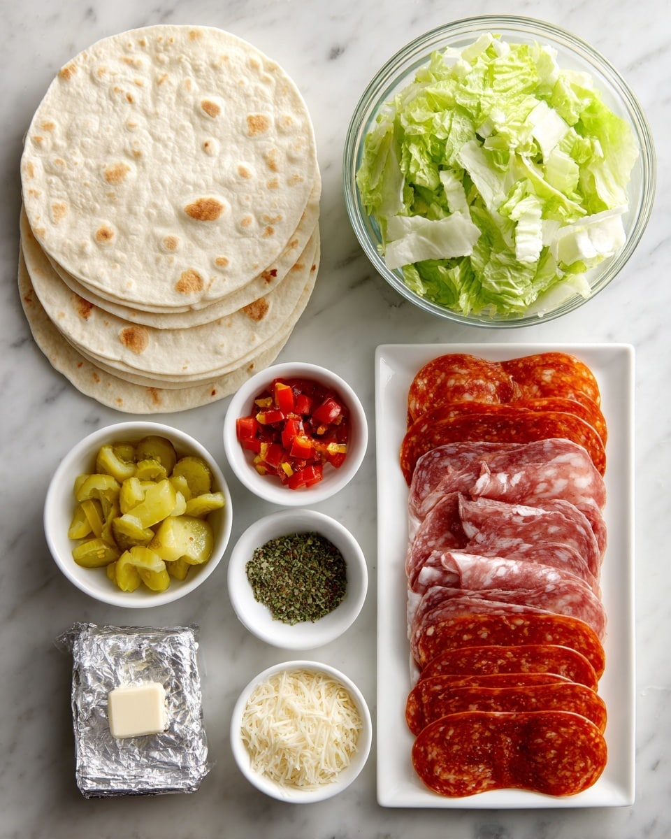 The image shows ingredients for making a sandwich or wrap, arranged neatly on a white marbled surface. On the left, there are three round, pale tortillas stacked on top of each other. Above the tortillas is a clear glass bowl filled with chopped green lettuce, showing light and dark green shades with crisp texture. To the right, there is a long white rectangular plate carrying thin slices of light beige cheese, red pepperoni, and darker red salami arranged in overlapping layers. Around these main items, five small white bowls hold different seasonings and toppings: bright yellow diced pickles, red diced peppers, white grated cheese, light brown breadcrumbs, and a small brown bowl with green dried herbs. In the middle near the bottom, there is a silver wrapped block of cream cheese. The colors are fresh and vibrant, displayed clearly and evenly. Photo taken with an iphone --ar 4:5 --v 7