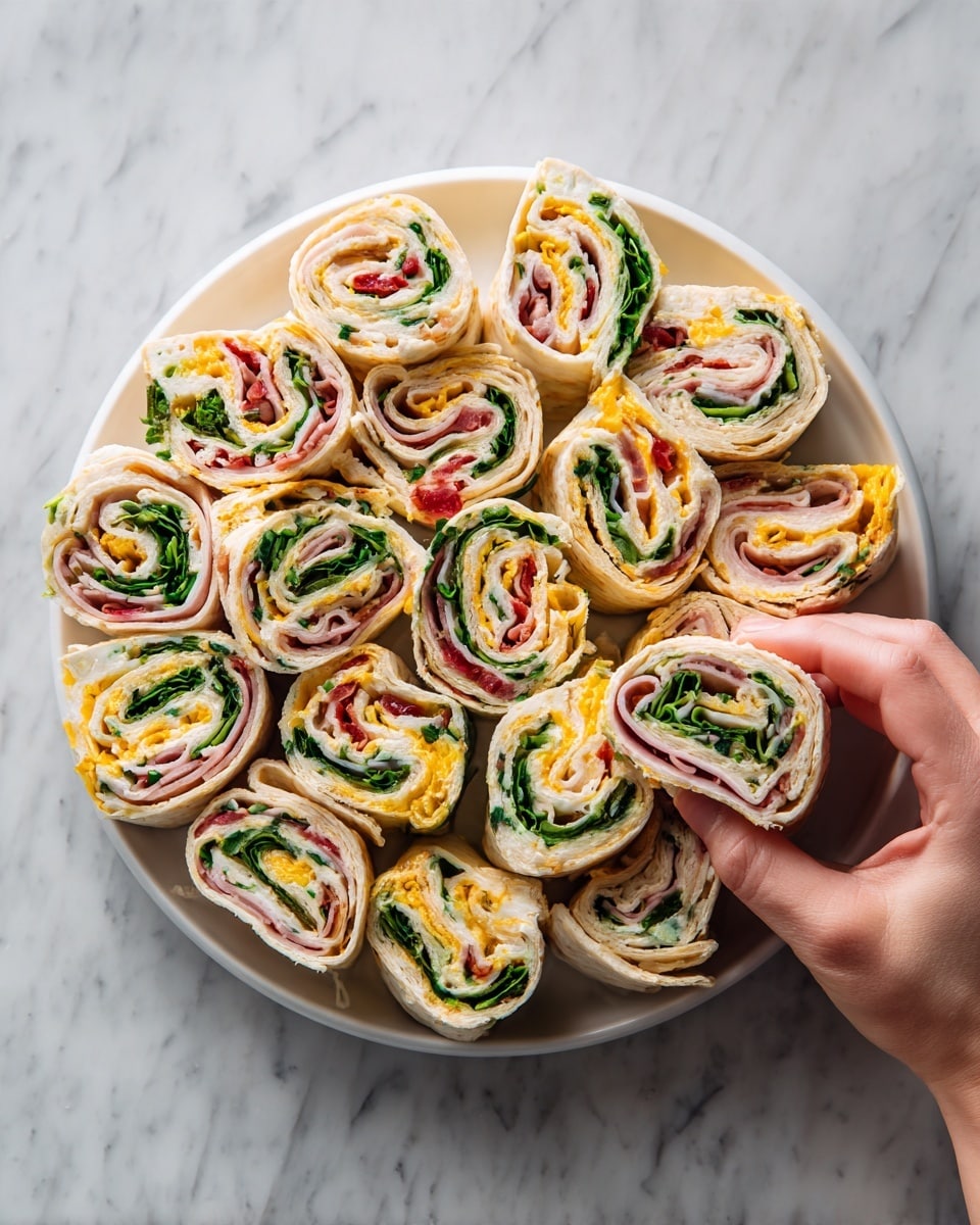 The image shows a white plate filled with many rolled tortilla wraps, each cut into thick slices. Every slice has visible layers of red, white, green, and yellow colors, showing ingredients like sliced deli meat, leafy greens, pickles, and possibly cheese or a spread inside. The wraps are tightly rolled, presenting swirl patterns with clear layers all around. The plate sits on a white marbled surface, and a woman's hand is seen holding one piece of the wrap. photo taken with an iphone --ar 4:5 --v 7