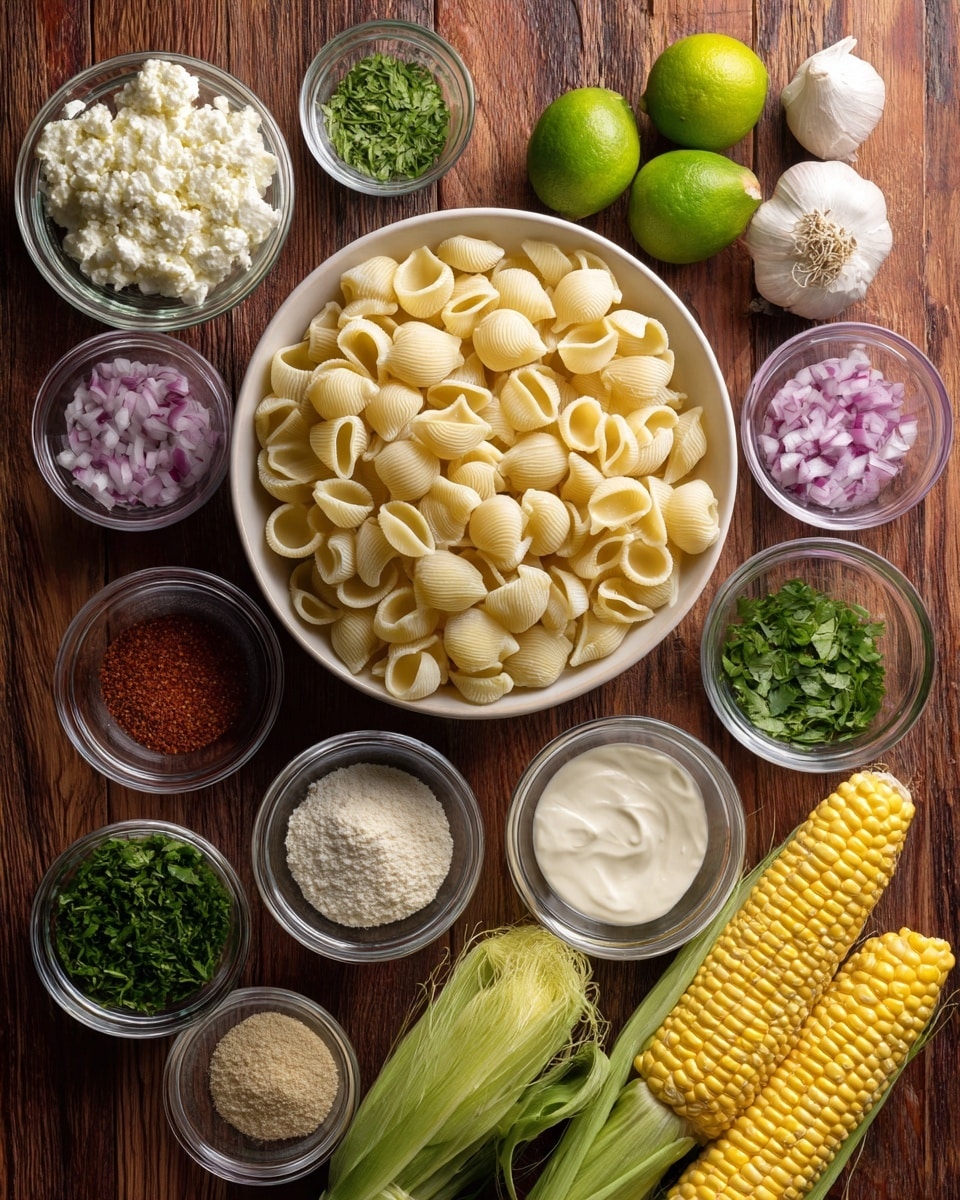 The image shows a white bowl filled with pale yellow shell pasta at the center, surrounded by smaller clear bowls arranged neatly on a dark wooden surface. Around it are two fresh ears of yellow corn with green husks partially peeled back, halved green limes, and small bowls containing finely chopped red onions, green herbs, cottage cheese, a red powder, a white powder, a light brown powder, minced garlic, and a creamy white sauce. The items are spread in a balanced, organized way, giving a fresh and colorful look. photo taken with an iphone --ar 4:5 --v 7