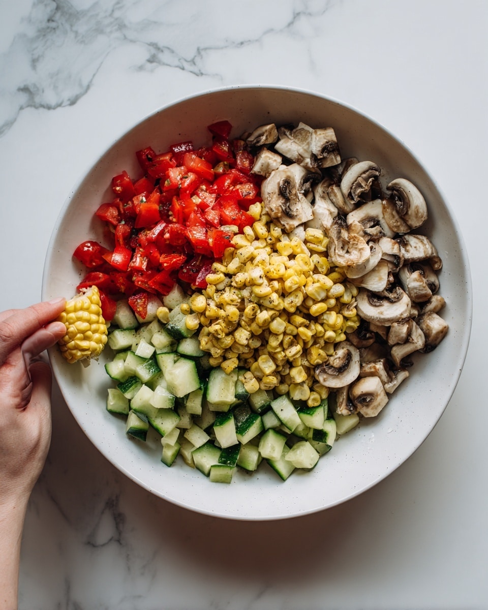 The image shows a white bowl filled with a colorful salad placed on a white marbled surface. The salad has three main layers: the bottom layer is chopped cucumbers with a light green color and fresh texture; the middle layer consists of diced red tomatoes, adding bright red spots throughout; the top layer includes grilled yellow corn kernels scattered over the other vegetables, giving a slightly charred look. There are also sliced mushrooms with a brown and white texture mixed in, adding an earthy tone. A woman's hand is reaching into the bowl from the left side, holding a yellow corn piece. photo taken with an iphone --ar 4:5 --v 7