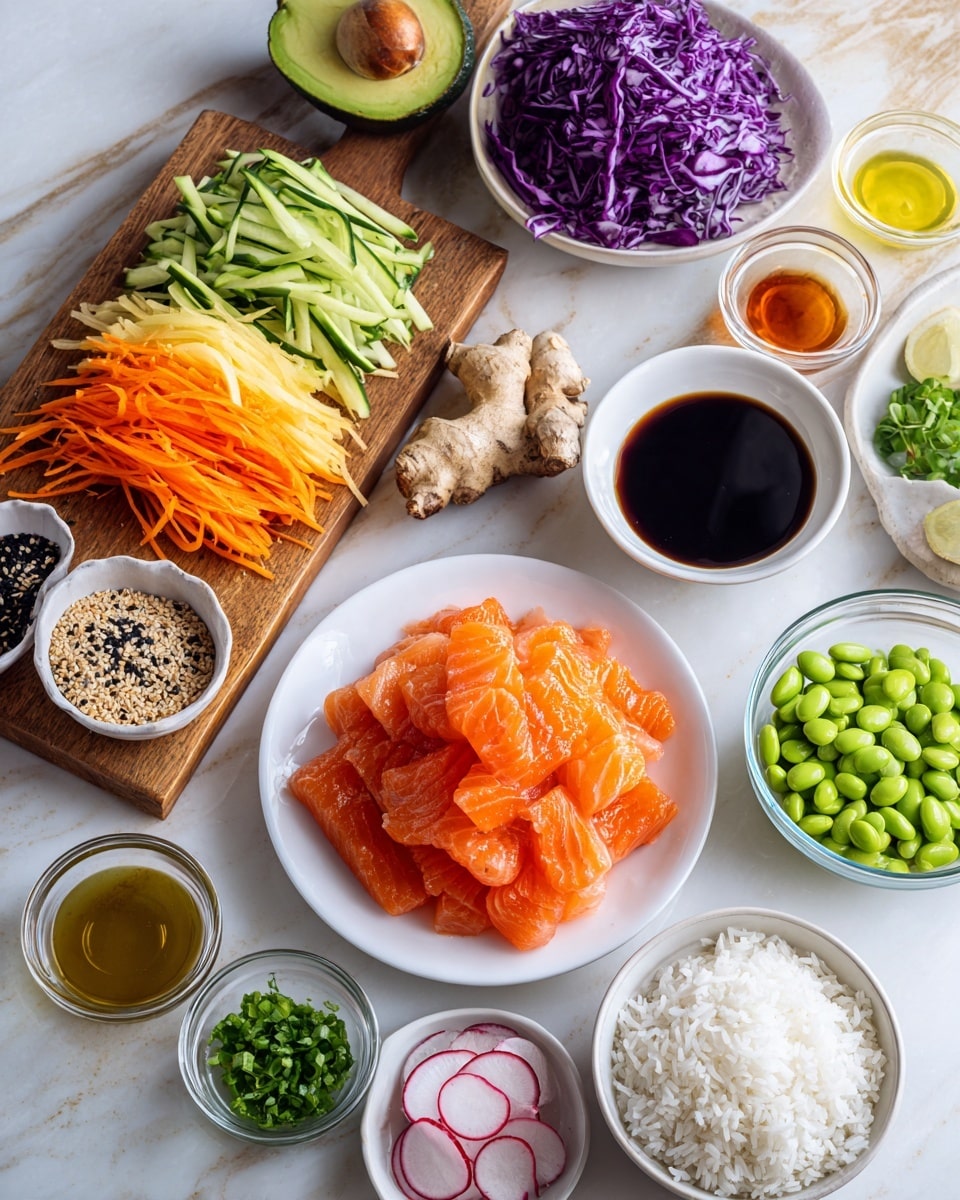 A white bowl filled with bright orange pieces of raw salmon is centered among other ingredients on a white marbled surface. Above it, from left to right, is a wooden board holding thin green cucumber strips, thin orange carrot strips, bright purple cabbage slices, and a fresh piece of ginger root. To the right of the board are three small white bowls: one with a dark soy sauce, another with mixed black and white sesame seeds, and a third containing bright green chopped scallions. In the lower area around the salmon bowl, there is a glass bowl with white rice to the right, a white bowl with green edamame beans at center bottom, and another white bowl of thinly sliced radishes with pink edges just right of center. There are several small glass cups containing different sauces arranged on the left side. A whole avocado is placed near the upper right side. photo taken with an iphone --ar 4:5 --v 7
