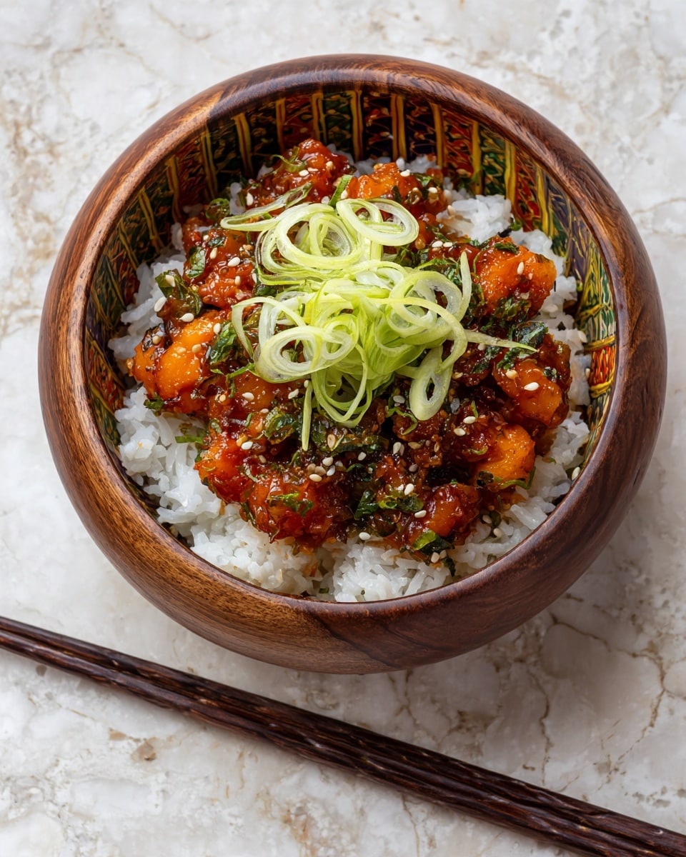 A wooden bowl with a colorful patterned inner rim holds a dish with two main layers: the bottom layer is white sticky rice with a soft texture, and on top is a mix of small orange cubes of fish or seafood coated in a glossy sauce mixed with small green herbs, sesame seeds, and crunchy pieces. The top layer is finished with thinly sliced light green scallions arranged in a pile. The bowl is placed on a textured white marbled surface with a pair of dark wooden chopsticks resting beside it. Photo taken with an iphone --ar 4:5 --v 7