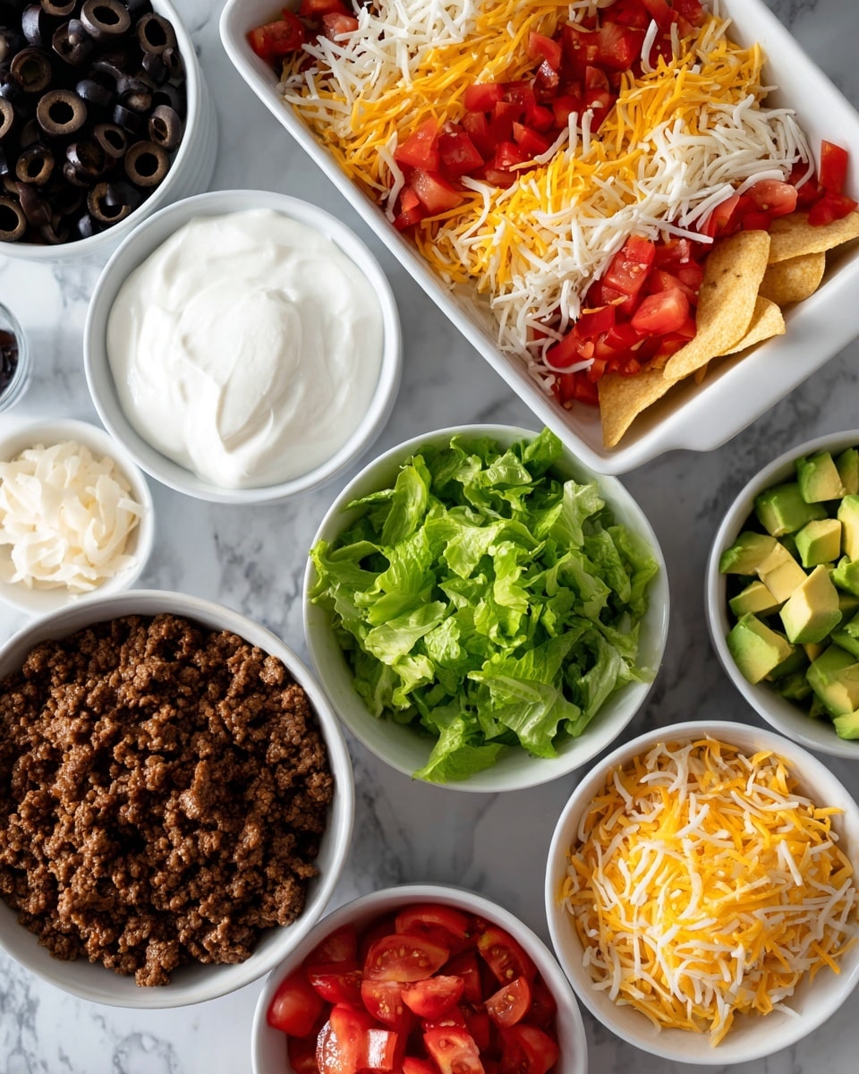 A white rectangular dish is filled with small bags of chips layered in red, blue, and yellow colors, arranged loosely on top of each other. Surrounding this dish on a white marbled surface are seven white bowls with different ingredients: one bowl has dark black olive slices, another has smooth white sour cream; next to it is a bowl full of fresh green chopped lettuce. Below these is a large bowl with browned ground meat, and beside it are bowls with diced red tomatoes, shredded yellow and white cheese, and cubed avocado pieces, all neatly arranged in a circle. Photo taken with an iphone --ar 4:5 --v 7
