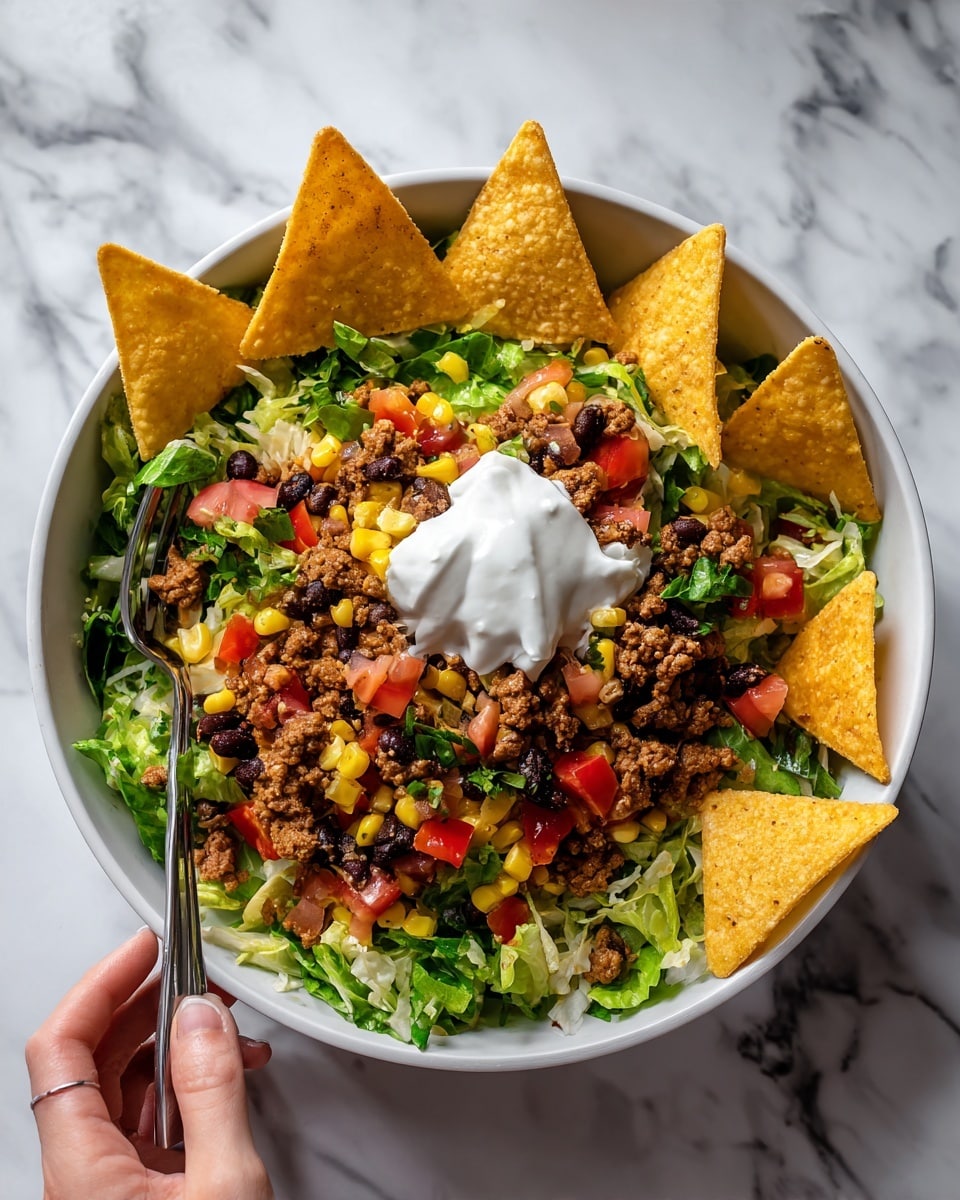 A white bowl filled with a colorful layered taco salad sits on a white marbled surface. The bottom layer is made of green shredded lettuce, topped with a mix of seasoned ground meat and black beans scattered throughout. Small chunks of bright red tomatoes and yellow corn kernels add pops of color on the top. Large, triangular golden-yellow tortilla chips are placed upright around the edge of the bowl. A dollop of white sour cream sits in the center of the salad. A woman's hand holding a fork is dipped into the bowl, ready to take a bite. Photo taken with an iphone --ar 4:5 --v 7