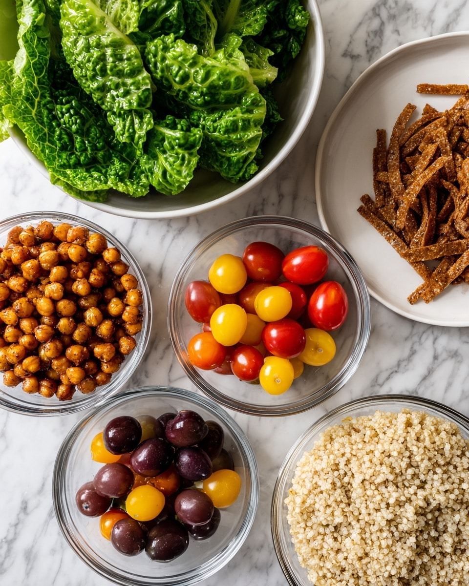 The image shows a meal with five parts arranged on a table with a white marbled texture in the background. On the top left, there is a white bowl filled with large, vibrant green leafy lettuce. Next to it on the right, there is a white plate with thin, brown, crispy strips piled neatly. Below the white bowl, there are three glass bowls: the one on the left contains small, round, roasted chickpeas colored dark golden brown; the middle bowl is filled with small cherry tomatoes in red, yellow, and dark purple; the bowl on the right has a heap of light beige cooked quinoa with a fluffy texture. The photo is taken with an iphone --ar 4:5 --v 7