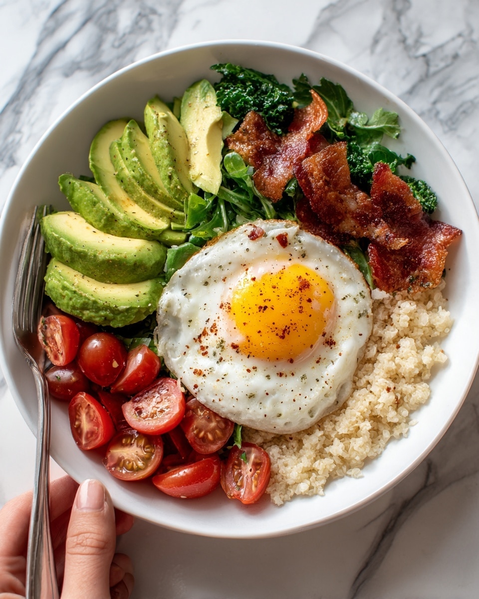 A white bowl filled with a fresh meal showing four main layers: the bottom has light brown rice grains; on the right, sliced green avocado fanned out; on the left, dark green leafy greens mixed with halved red cherry tomatoes; on top, a bright white fried egg with a slightly runny yolk and small crispy pieces of bacon scattered around. The bowl is set on a white marbled surface, with a woman's hand holding a fork on the bowl’s edge. photo taken with an iphone --ar 4:5 --v 7