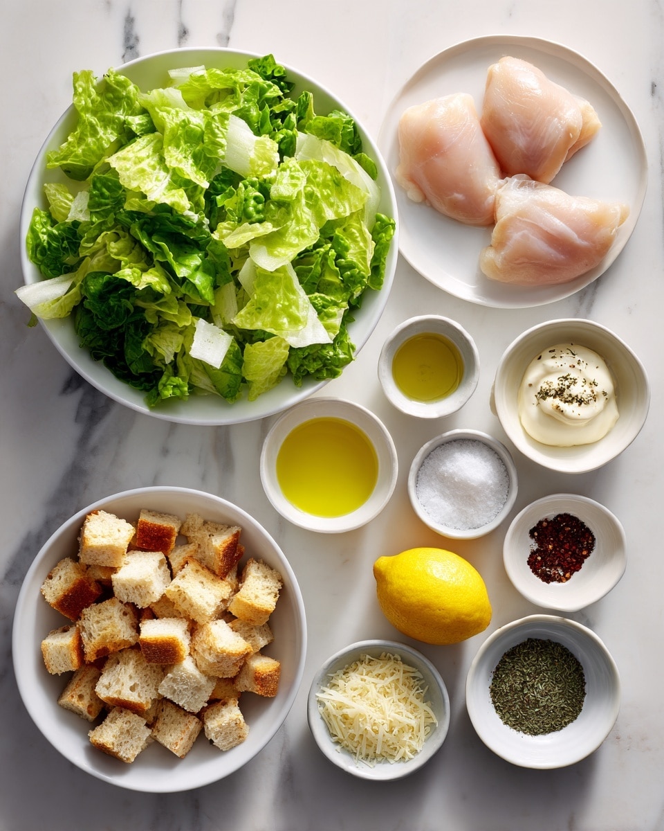 The image shows an overhead view of fresh ingredients arranged neatly on a white marbled surface. At the center, there is a white bowl filled with bright green chopped romaine lettuce. To its left, a white plate holds three raw, pale pink pieces of chicken. Below the chicken, a white bowl is filled with cubed bread pieces. Surrounding these main items are small white bowls containing various ingredients: grated cheese, minced garlic, olive oil, mayonnaise, a halved lemon, black pepper, red seasoning, a dark sauce, dried herbs, salt, and light brown powder. The setting is clean and bright, with each ingredient clearly displayed and evenly spaced. photo taken with an iphone --ar 4:5 --v 7