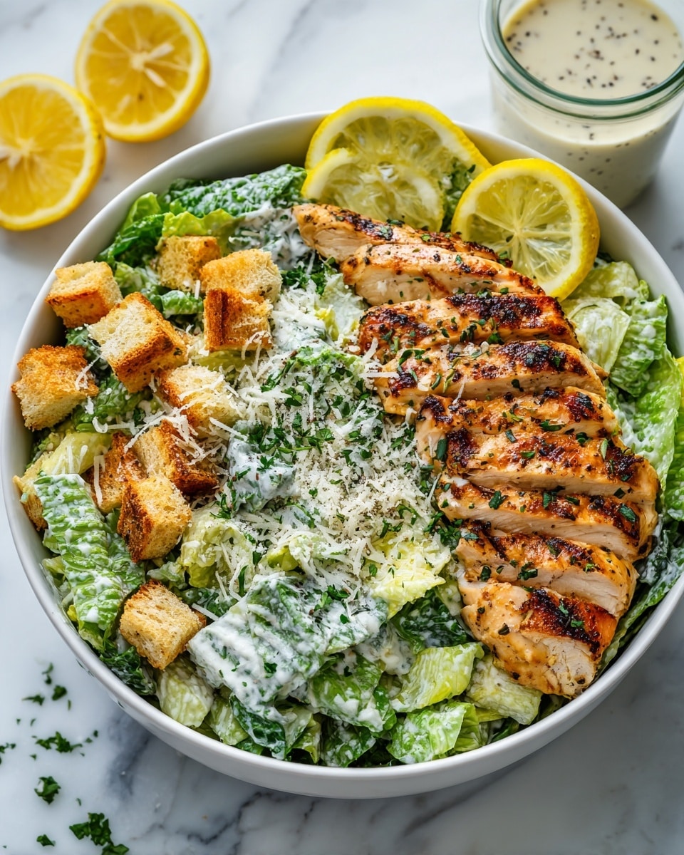 A white bowl with a salad inside shows three main layers: at the bottom, light green chopped romaine lettuce coated in creamy dressing topped with grated white cheese and golden brown croutons scattered around; on top, two lemon slices placed near the center; and covering part of the salad, two grilled chicken fillets with visible grill marks and a golden brown color sprinkled with fresh green herbs. The bowl sits on a white marbled surface with lemon wedges scattered near the bottom and a glass of creamy dressing with cracked black pepper on the side. Photo taken with an iphone --ar 4:5 --v 7
