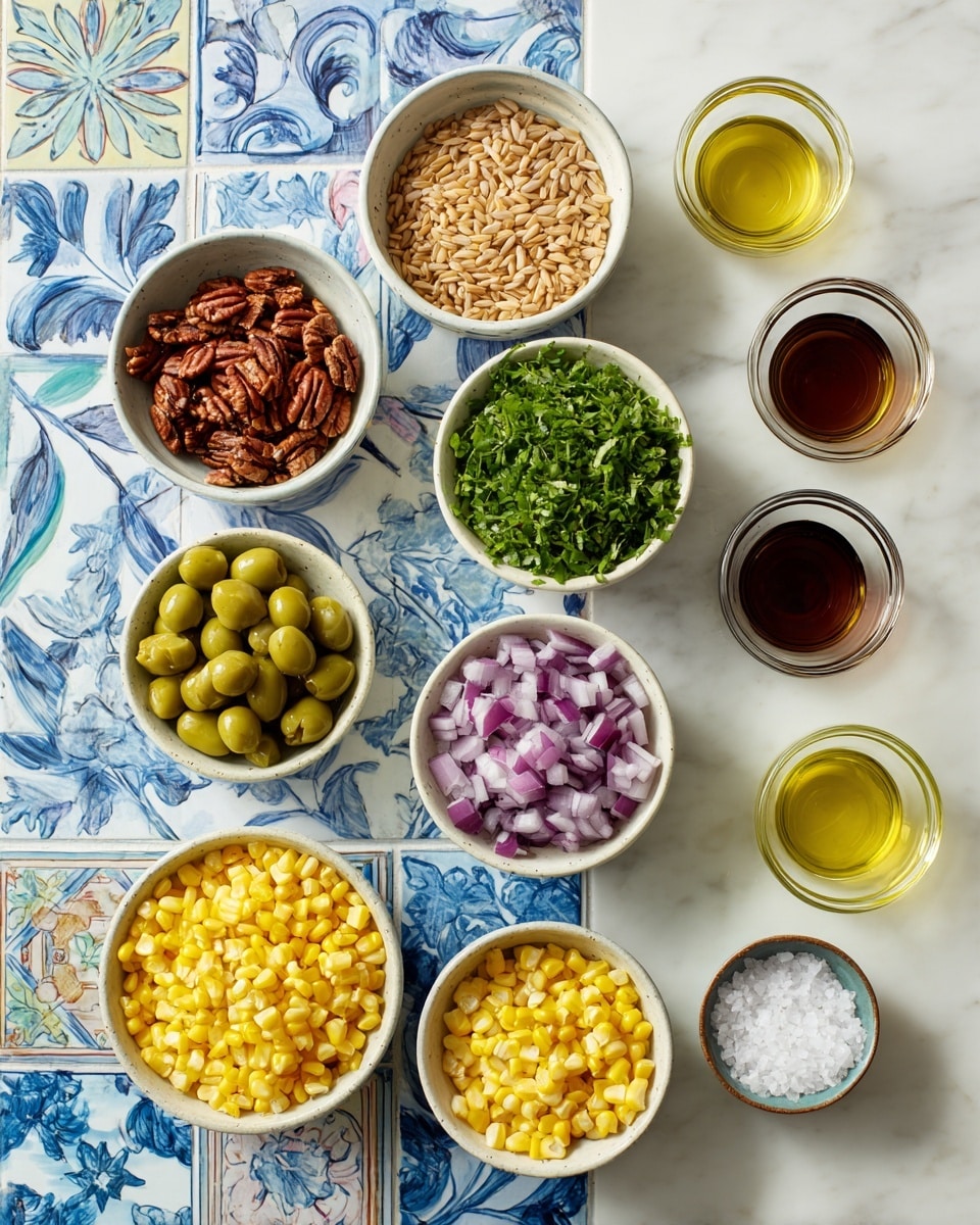 Nine small bowls are placed on a white marbled surface with blue tile patterns. The top row has three bowls: the left one holds chopped pecans that are brown with rough texture, the center bowl contains light brown orzo pasta grains, and the right bowl has finely chopped bright green leafy herbs. The middle row has three bowls as well: the left bowl has sliced green olives that look shiny, the center bowl holds small diced purple-red onions, and the right bowl contains chunky diced bright red bell peppers. The bottom row has three bowls: the large left bowl is filled with bright yellow corn kernels, the center bowl holds golden olive oil, and the small right bowl has coarse white salt. In the upper right side, two small glass bowls contain dark brown and light golden liquids respectively. photo taken with an iphone --ar 4:5 --v 7