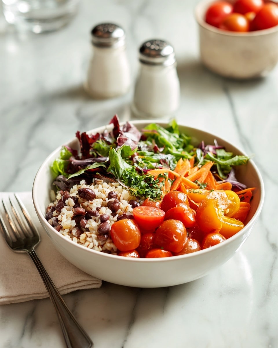 A white bowl filled with a fresh, colorful salad with three main layers: the base layer is light brown grains mixed with small black beans; the middle layer consists of chopped green herbs and leafy greens; the top layer has halved bright red cherry tomatoes and small orange carrot pieces scattered evenly, all placed on a white marbled surface. A silver fork is on the left side of the bowl, and two white shakers for salt and pepper, along with a bowl of whole cherry tomatoes, are blurred in the background. photo taken with an iphone --ar 4:5 --v 7