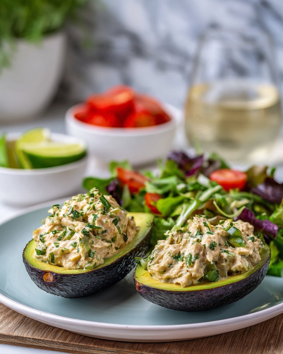 Two avocado halves with dark green, almost black, peels and light green flesh are filled with a chunky, creamy chicken salad mixed with chopped green herbs and small green bits. The avocado boats sit on a white plate with a light blue rim, next to a small side salad of mixed greens and slices of bright red tomato. In the background, there is a white bowl containing red fruit pieces and a small white dish holding lime wedges, all set on a wooden surface with a white marbled backdrop. There is also a glass of light-colored liquid slightly blurred in the background. photo taken with an iphone --ar 4:5 --v 7
