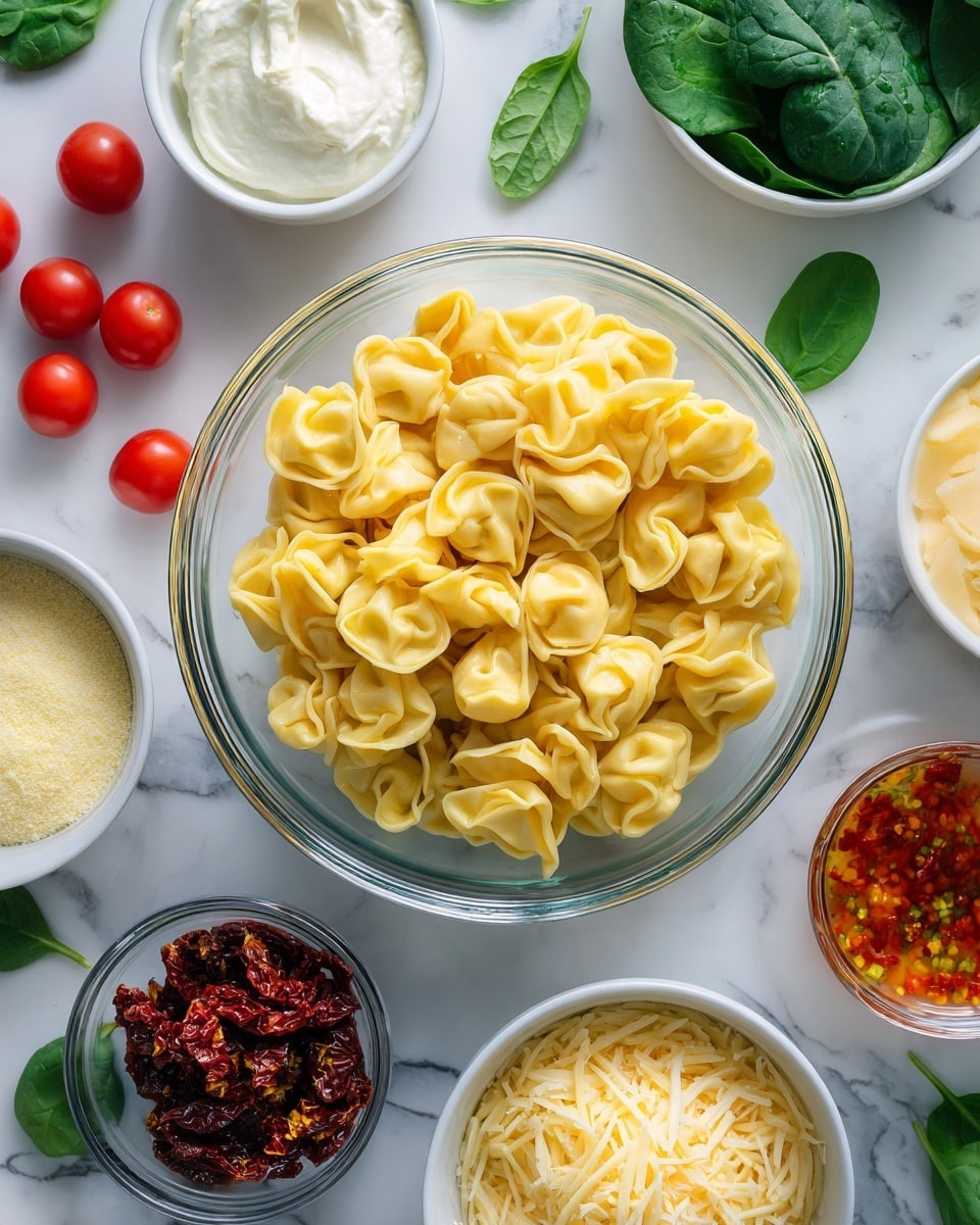 A clear glass bowl at the top center is filled with yellow tortellini pasta, showing soft textures and folds. Surrounding this bowl are several small white bowls arranged in a loose circle: starting from the left, one has white creamy cheese, another contains a pale yellow creamy sauce, and a third has light yellow grated cheese powder. Below these are two bowls, one of which holds shiny dark sun-dried tomatoes, and the other contains a clear orange sauce with red and yellow bits. To the right is a small round glass bowl filled with shredded pale yellow cheese. Scattered on the white marbled surface are bright red cherry tomatoes and fresh green spinach leaves on the upper left side with some green basil leaves on the right. The scene is well lit and colorful. Photo taken with an iphone --ar 4:5 --v 7