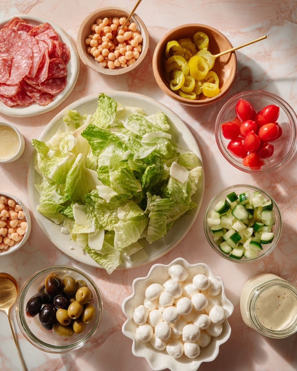 The image shows a white plate with fresh green chopped lettuce covering most of it. On the plate, from top left going clockwise, there is a small bowl of sliced salami in a small white bowl, a wooden bowl with yellow-green pepper slices, a small clear glass bowl with red cherry tomato halves, a beige bowl with black sliced olives and a gold spoon inside, and a white scalloped bowl with chopped cucumber pieces. Outside the plate to the right there is a small scalloped white bowl with light brown chickpeas, a white plate holding grated white cheese and a chunk of hard cheese, a red bowl filled with white mini mozzarella balls, and a glass jar with creamy dressing and a spoon. The whole scene is on a soft pink surface with a white marbled background. photo taken with an iphone --ar 4:5 --v 7