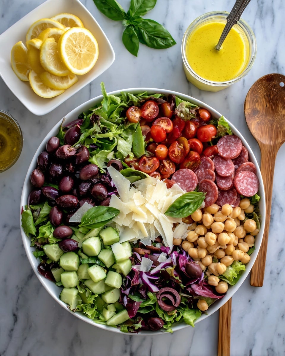 A large white bowl holds a colorful salad with three main layers: the bottom layer is mixed leafy greens with different shades of green and purple, the middle layer has light green cucumber chunks, sliced black olives, and chickpeas scattered around, and the top layer is thin strips of pinkish salami, halved cherry tomatoes, fresh green basil leaves, and thin white cheese shavings. Two wooden salad spoons rest inside the bowl on the sides. Behind the bowl, there is a small white dish with lemon wedges and a glass jar of yellow dressing with a spoon inside, all placed on a white marbled surface. Photo taken with an iphone --ar 4:5 --v 7