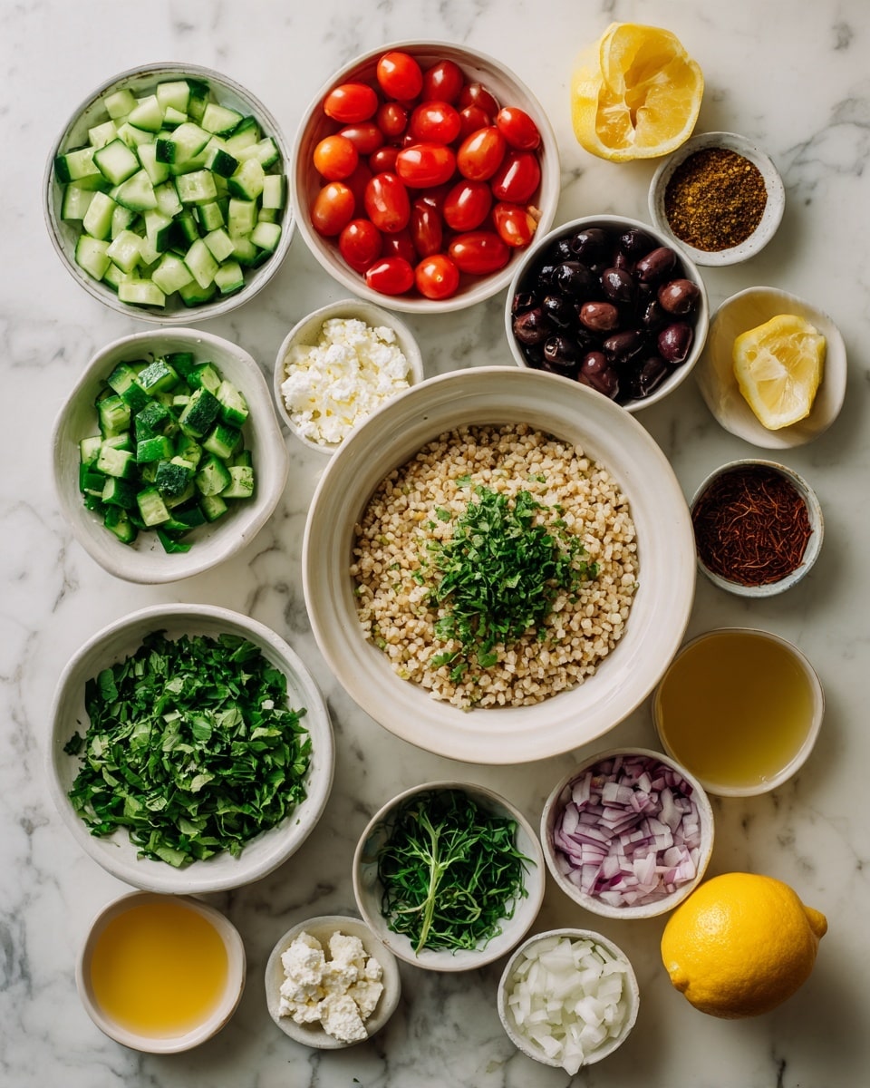The image shows many small white bowls arranged on a white marbled surface, each filled with different fresh ingredients for a recipe. There are bright green chopped cucumbers, shiny red cherry tomatoes, dark sliced black olives, and finely chopped green herbs placed evenly around the largest bowl in the center, which holds light brown cooked grains. Smaller bowls contain white creamy cheese, yellow lemon, chopped red onions, green leafy herbs, brown spices, golden honey, and clear golden broth. The bowls are neatly spread out in a rough circle, creating a colorful and fresh mix of textures and colors. Photo taken with an iphone --ar 4:5 --v 7