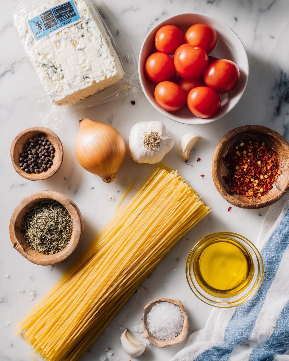 A bundle of uncooked yellow spaghetti lies flat in the center on a white marbled surface. To the top right, there is a white bowl with three whole peeled red tomatoes. Next to the bowl is a packaged block of goat cheese wrapped in plastic with a blue and black label. To the left of the spaghetti, a whole light brown onion rests next to a garlic bulb below it. Below the garlic, a small wooden bowl contains dried green herbs, while above the garlic another wooden bowl holds black peppercorns. To the right side, a small clear glass bowl holds red chili flakes above a wooden bowl filled with coarse white salt. Near the bottom center, a small clear glass bowl contains golden olive oil. A white cloth with blue stripes is partially visible in the bottom right corner. Some scattered dried herbs and pepper flakes are spread lightly on the white marbled surface. photo taken with an iphone --ar 4:5 --v 7