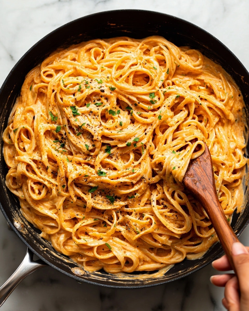 The image shows a close-up of creamy pasta in a black pan, with a woman's hand holding a wooden spoon that is mixing the thick sauce-coated noodles. The pasta is coated in a smooth pinkish-orange sauce with specks of herbs and black pepper sprinkled on top. The noodles are long and slightly shiny, with a soft texture. Some small green herb pieces are scattered across the surface of the pasta, adding a fresh look. The pan and sauce contrast with the white marbled background. Photo taken with an iphone --ar 4:5 --v 7