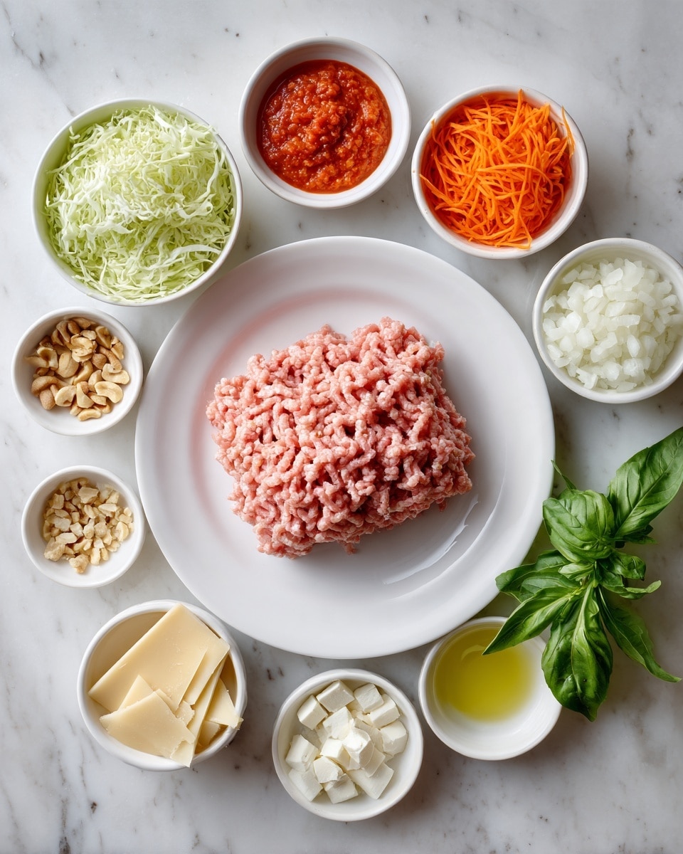 The image shows a white plate in the center with a block of raw ground meat that is pink and finely textured. Around the plate, there are several small white bowls containing a variety of ingredients: one with finely shredded green cabbage, one with light orange shredded carrots, one with a bright red chunky sauce, one with white diced onions, one with chopped garlic, one with crushed nuts, one with small white cubes of tofu, and one with a light golden oil. There is also a small stack of light yellow triangular cheese pieces and a sprig of fresh green basil next to the plate. The whole setup is placed on a white marbled surface. photo taken with an iphone --ar 4:5 --v 7