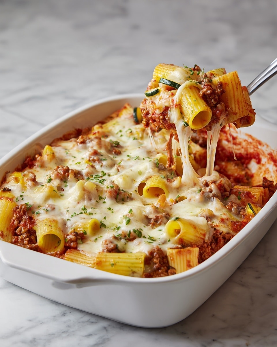 A white pan filled with baked pasta shows three layers: the bottom layer has red tomato sauce with cooked ground meat and slices of yellow squash; the middle layer includes tubes of rigatoni pasta mixed with sauce and mushrooms; the top layer is covered with melted white cheese, lightly browned, and sprinkled with small green herb pieces. A metal spoon is lifting some pasta from the pan, dragging strings of melted cheese. The pan sits on a white marbled surface. photo taken with an iphone --ar 4:5 --v 7