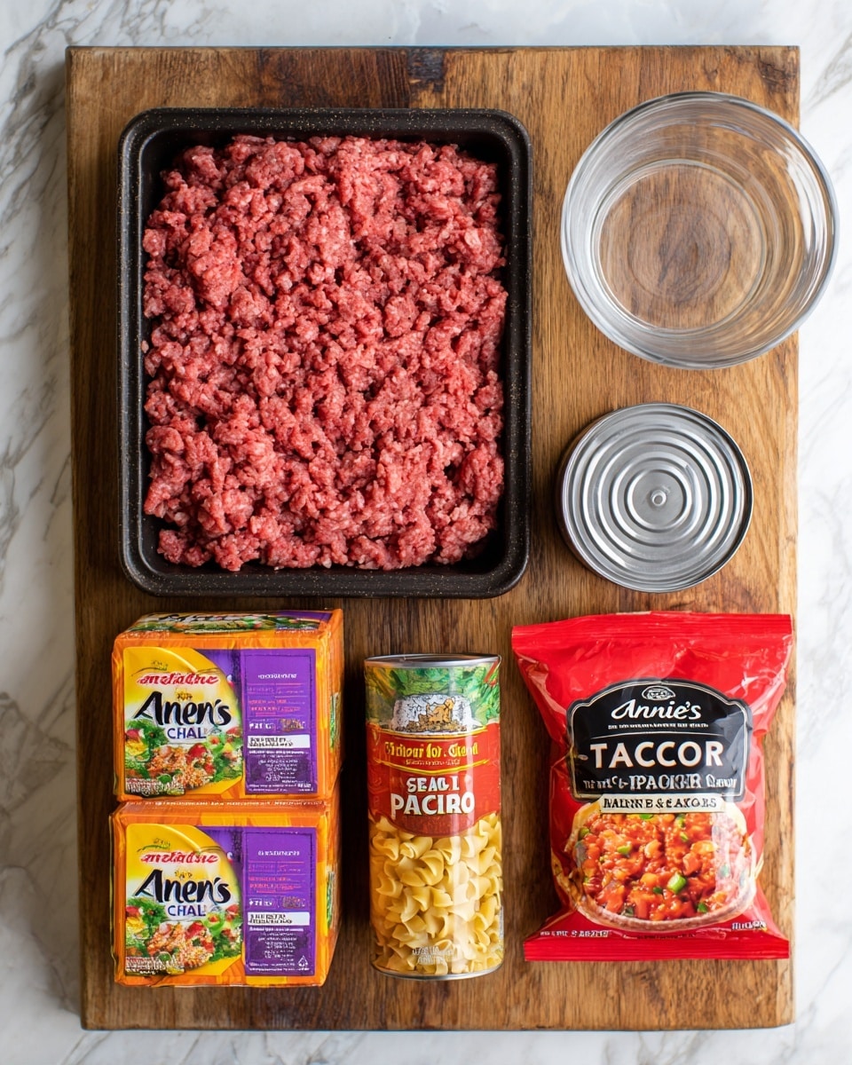The image shows a flat lay of cooking ingredients on a wooden surface, including a black tray of raw ground meat with bright reddish-pink color positioned on the left side. To the right of the meat, there is a silver can of diced tomatoes and green chilies with a colorful label. Below these, two stacked boxes of Annie's shells and real aged cheddar pasta with orange, yellow, and purple packaging are placed. Next to the boxes, a clear glass cup sits empty, and to the right of the glass, there is a bright red packet of McCormick original taco seasoning featuring an image of seasoned taco meat. The background is a white marbled texture photo taken with an iphone --ar 4:5 --v 7