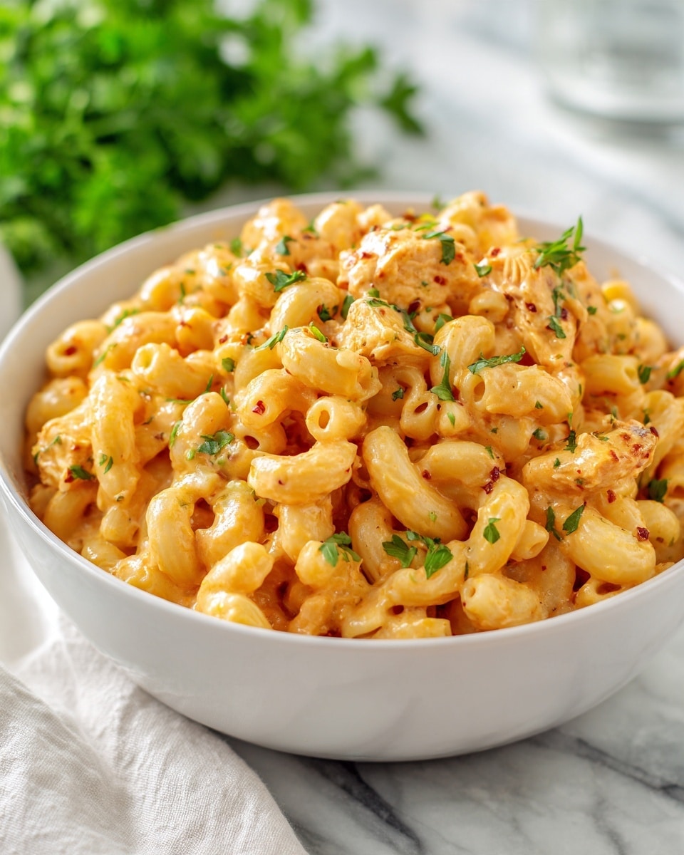The image shows a white bowl full of small elbow macaroni pasta covered in a creamy orange sauce mixed with small pieces of chicken. The pasta appears soft and slightly glossy from the sauce, with some chopped green herbs sprinkled on top for color. The bowl sits on a white marbled surface, with a blurred white cloth and green parsley in the background. photo taken with an iphone --ar 4:5 --v 7