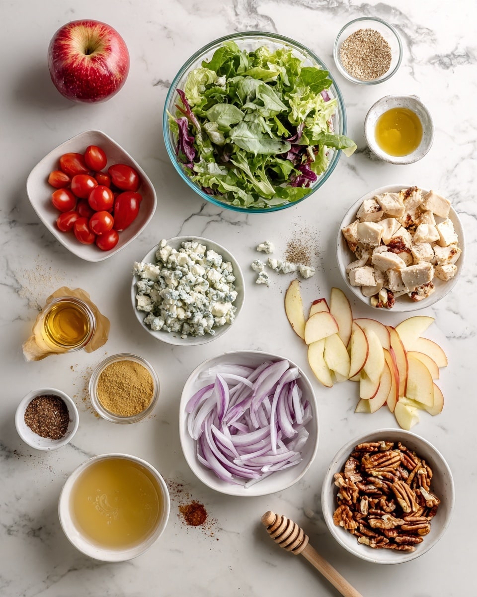 A top-down view shows various ingredients arranged on a white marbled surface. At the top center is a clear glass bowl filled with green leafy salad mix. To its left, a white square bowl holds halved bright red cherry tomatoes. Below the salad bowl is a small white bowl of crumbled light blue cheese. To the right of the cheese, a clear glass bowl contains small diced pieces of light beige cooked chicken. Below the chicken, a white bowl has thinly sliced rings of purple onion. Near the bottom right, a white bowl is filled with pecans, and above it is another white bowl with dried apple slices. Scattered around are small white bowls and clear glass cups holding yellow mustard, ground spices in light brown and beige colors, brown sugar, light golden oil, and a honey jar with a wooden dipper resting across its mouth. A whole red apple is also seen near the left side of the image. Photo taken with an iphone --ar 4:5 --v 7