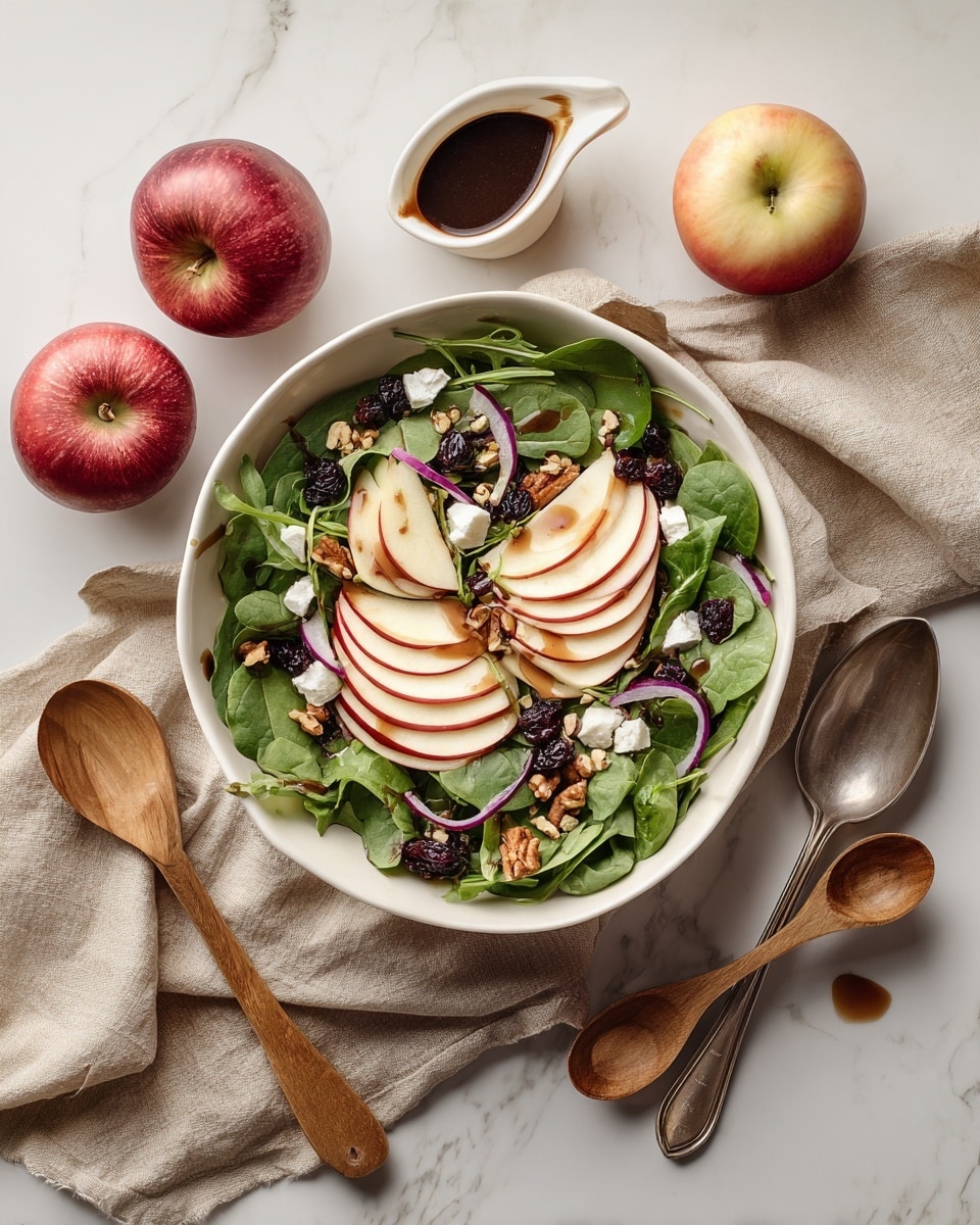 A white bowl on a white marbled surface holds a fresh salad with three groups of thin apple slices arranged on top, their red skin contrasting with the pale apple flesh. Beneath the apples is a mix of dark green spinach and arugula leaves forming the base layer. Scattered on the greens are small white dollops of cheese, thin slices of purple onion, dried dark berries, and small pieces of brown nuts. A dark brown dressing is drizzled over the top. Around the bowl are whole red apples, apple slices, a small white bowl with dark brown dressing and a silver spoon, a beige linen cloth, and wooden salad spoons. photo taken with an iphone --ar 4:5 --v 7