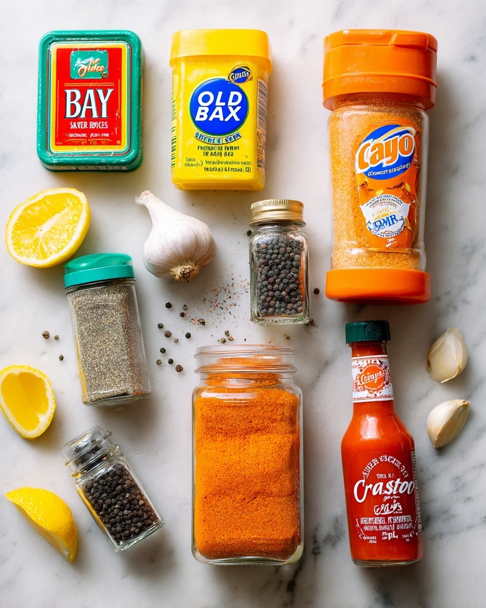 The image shows eight different seasoning and spice containers arranged on a white marbled surface. Starting from the top left, there is a small rectangular red and green container of Old Bay seasoning, next to it a yellow and blue Old Bay seasoning can, and to the right a tall orange and white Cajun seasoning container. Below these, there is a large plastic jar with an orange seasoning, a small clear jar with lemon pepper seasoning, a small clear jar with black peppercorns, and a red bottle of Crystal hot sauce on the bottom right. There are lemon halves scattered around the containers, and two small white garlic bulbs sit near the right side. The overall colors of the spices range from earthy oranges and reds to bright yellow and deep black. Photo taken with an iphone --ar 4:5 --v 7