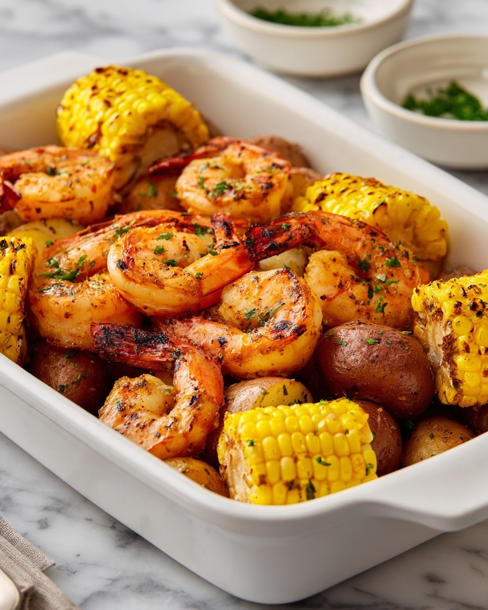 The image shows a white rectangular dish filled with cooked shrimp, grilled corn pieces, and halved potatoes. The shrimp are orange-pink with some slightly charred spots, layered on top of the potatoes and corn. The corn pieces are bright yellow with darker grilled marks, placed evenly around the shrimp. The potatoes are brownish with a soft texture and light grill marks, visible beneath the shrimp. The dish is set on a white marbled surface with some small white bowls blurred in the background. photo taken with an iphone --ar 4:5 --v 7