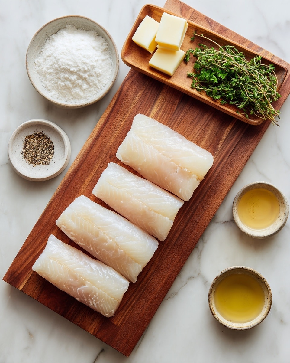 Four raw fish fillets with a pale pink-white color and smooth texture lie side by side on a rectangular wooden cutting board with a rich brown grain. To the left on a white marbled surface, there are three small white bowls containing white flour, black pepper, and white salt, and a similar bowl with two small squares of pale yellow butter. To the right of the board, a small wooden tray holds green herbs including parsley and thyme, and below it, two small ceramic bowls hold a clear golden liquid and a light yellow liquid. The whole setup is clean and neatly arranged on the white marbled background. photo taken with an iphone --ar 4:5 --v 7