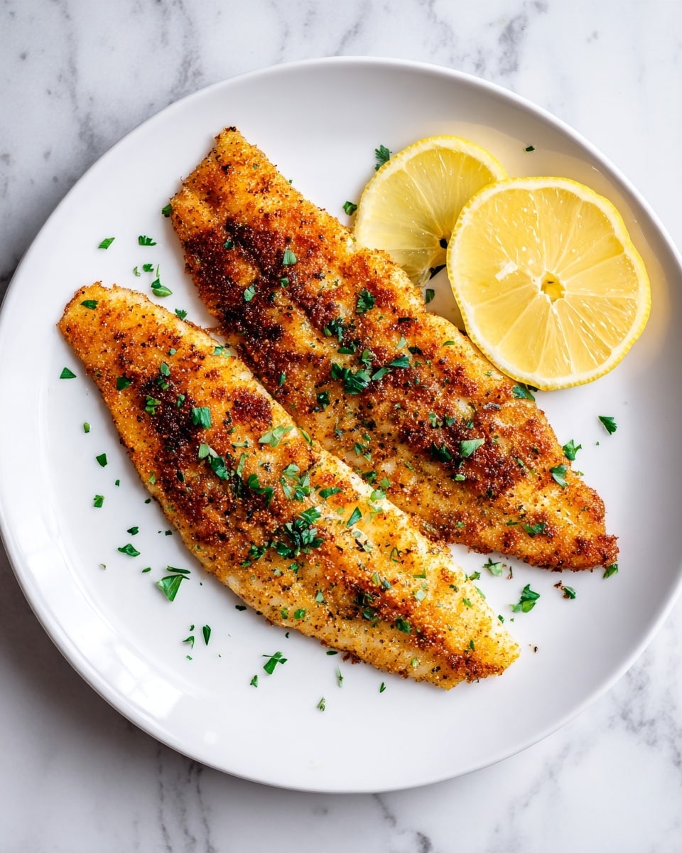 The image shows two pieces of golden brown fried fish fillets placed on a round white plate, garnished with small green herbs sprinkled evenly on top. On the upper right side of the fillets, there are two bright yellow lemon wedges resting on the plate. The white plate sits on a white marbled surface that adds a clean, fresh feel to the picture. Photo taken with an iphone --ar 4:5 --v 7