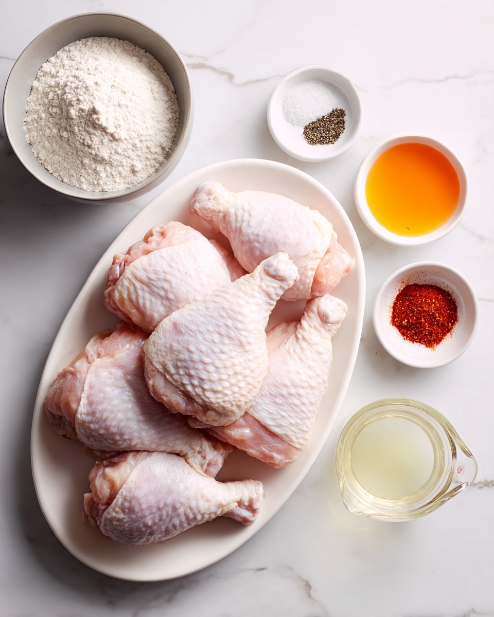 The image shows a white oval plate full of raw chicken drumsticks with pale pink skin and a slightly bumpy texture in the center on a white marbled surface. To the left of the plate, there is a gray bowl filled with white flour, and nearby are three small white bowls containing coarse salt, black pepper, and red paprika powder. On the right side of the plate, there is a small glass bowl with an orange liquid and a clear glass measuring cup filled with white buttermilk. Below the plate, a clear glass measuring cup holds a pale yellow oil. All items are neatly arranged and well-lit. photo taken with an iphone --ar 4:5 --v 7