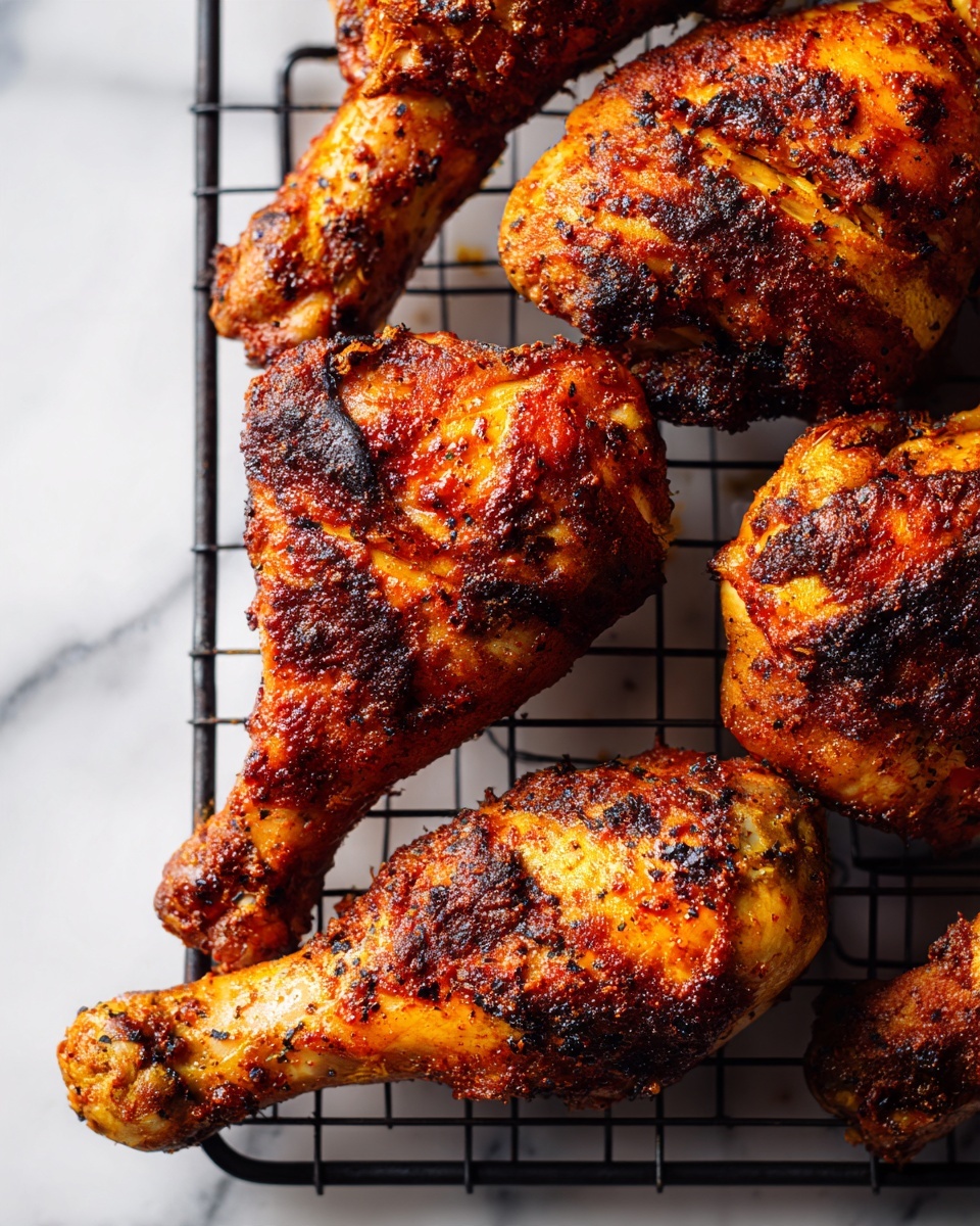 The image shows a close-up of several cooked chicken drumsticks placed on a black wire rack over a white marbled surface. The drumsticks have a deep reddish-brown crispy skin with a textured surface, showing a mix of darker charred spots and lighter golden-orange areas. The pieces are spread unevenly but fill the frame from edge to edge, with some parts of drumsticks overlapping slightly. The wire rack grid is clearly visible beneath the drumsticks, contrasting with the vibrant color of the meat. photo taken with an iphone --ar 4:5 --v 7