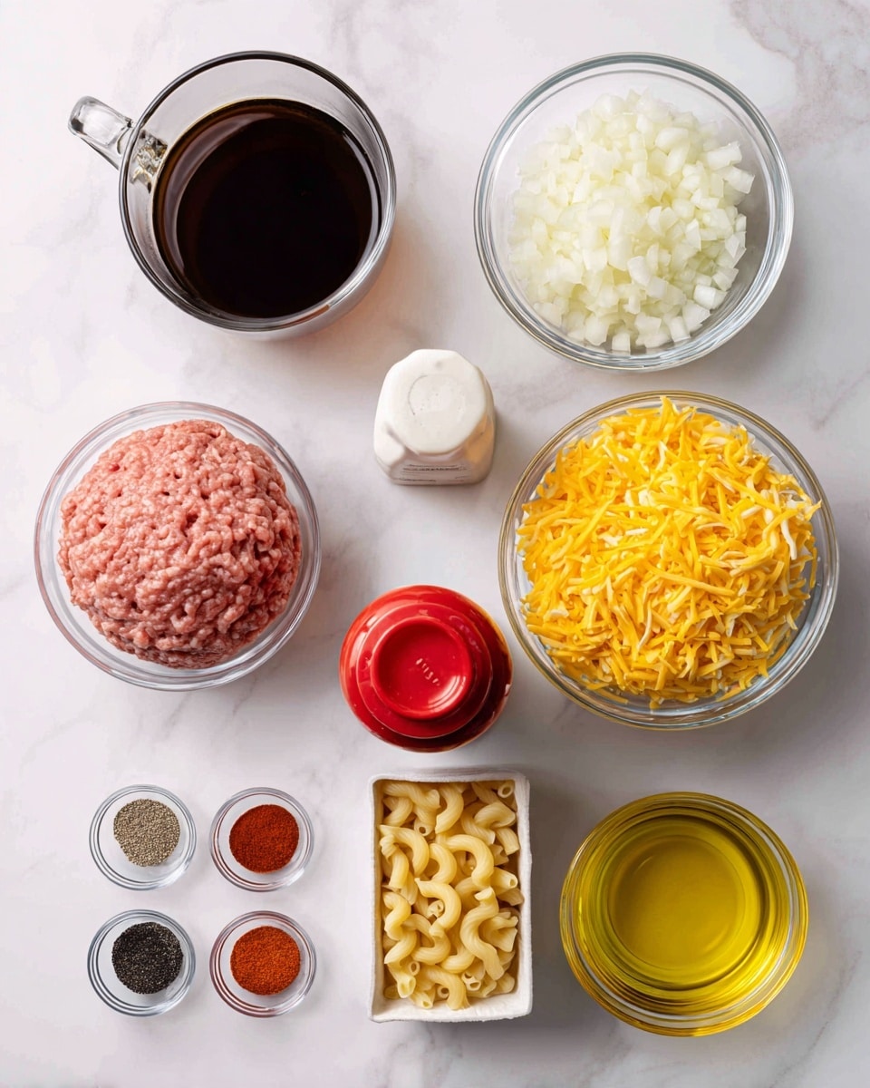 The image shows cooking ingredients arranged neatly on a white marbled surface. There is a clear glass cup with dark brown liquid in the top left, beside a clear glass bowl filled with small white chopped onion pieces. Below these, a clear glass bowl holds a ball of raw light pink ground meat on the left, and another clear glass bowl stacked with bright yellow shredded cheese on the right. Below, there is a red and white cream bottle positioned to the left of a white box of elbow macaroni pasta. On the bottom right, a small clear glass bowl contains yellow olive oil, next to a red can of tomato sauce. In the bottom left corner, a small clear bowl holds different colored powdered spices including red, black, and white. The photo taken with an iphone --ar 4:5 --v 7