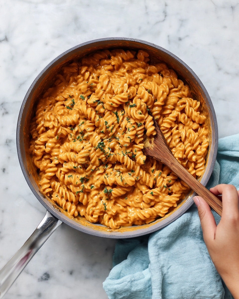 The image shows a gray cooking pot filled with curly pasta covered in a thick, orange sauce with small green herbs sprinkled on top. A woman's hand holds a wooden spoon stirring the pasta inside the pot. The pot is placed on a white marbled surface. A light blue cloth is partially visible to the right side of the pot. The photo taken with an iphone --ar 4:5 --v 7